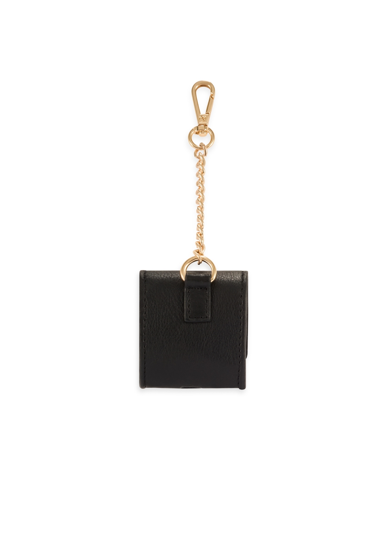 Black leather keychain in the shape of a bag BRELOK-0221-99(Z25), product view from the back on a white background.