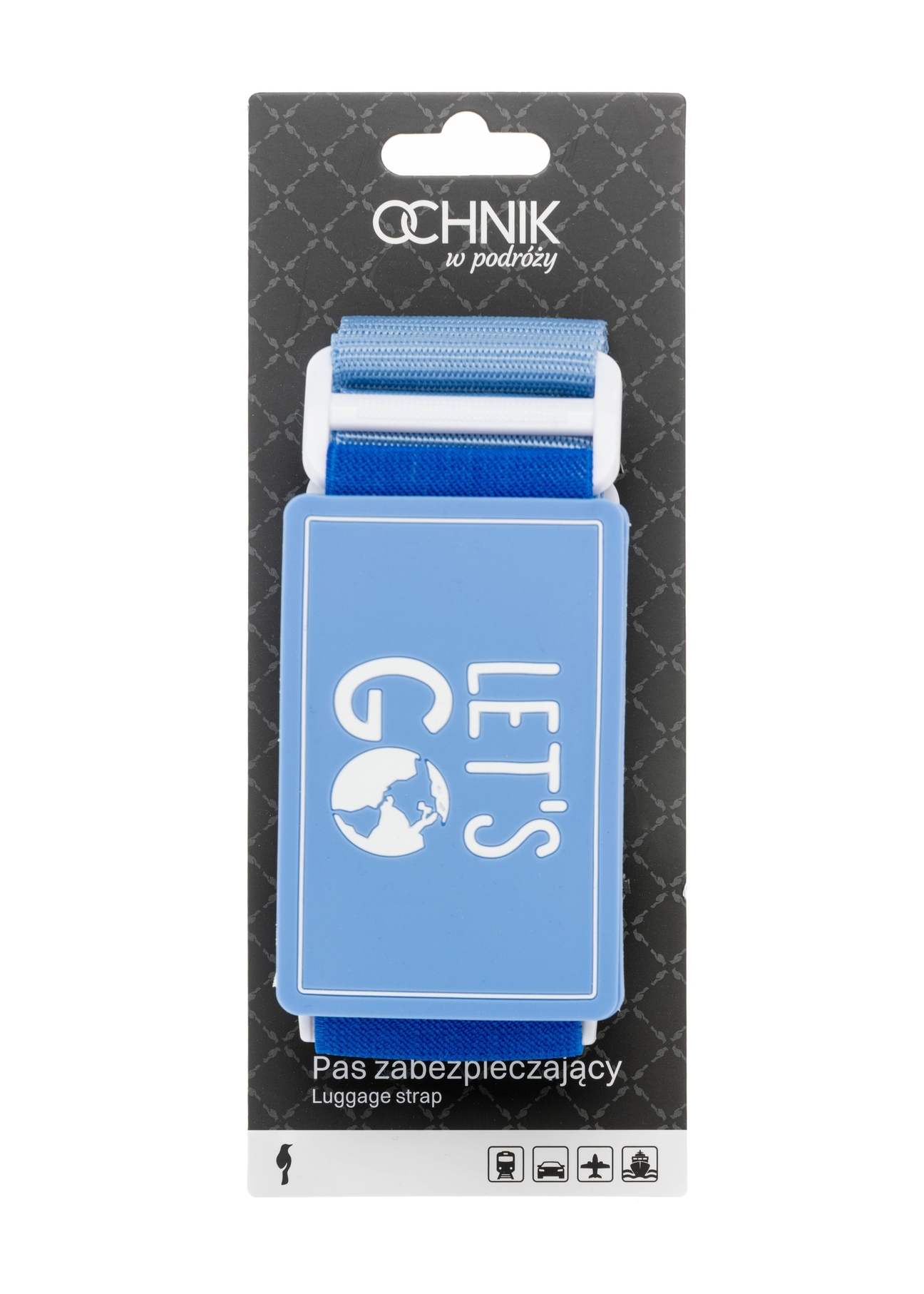 Luggage belt in blue color AW-011-0002-7B(W26), front view of the product in the packaging on a white background.