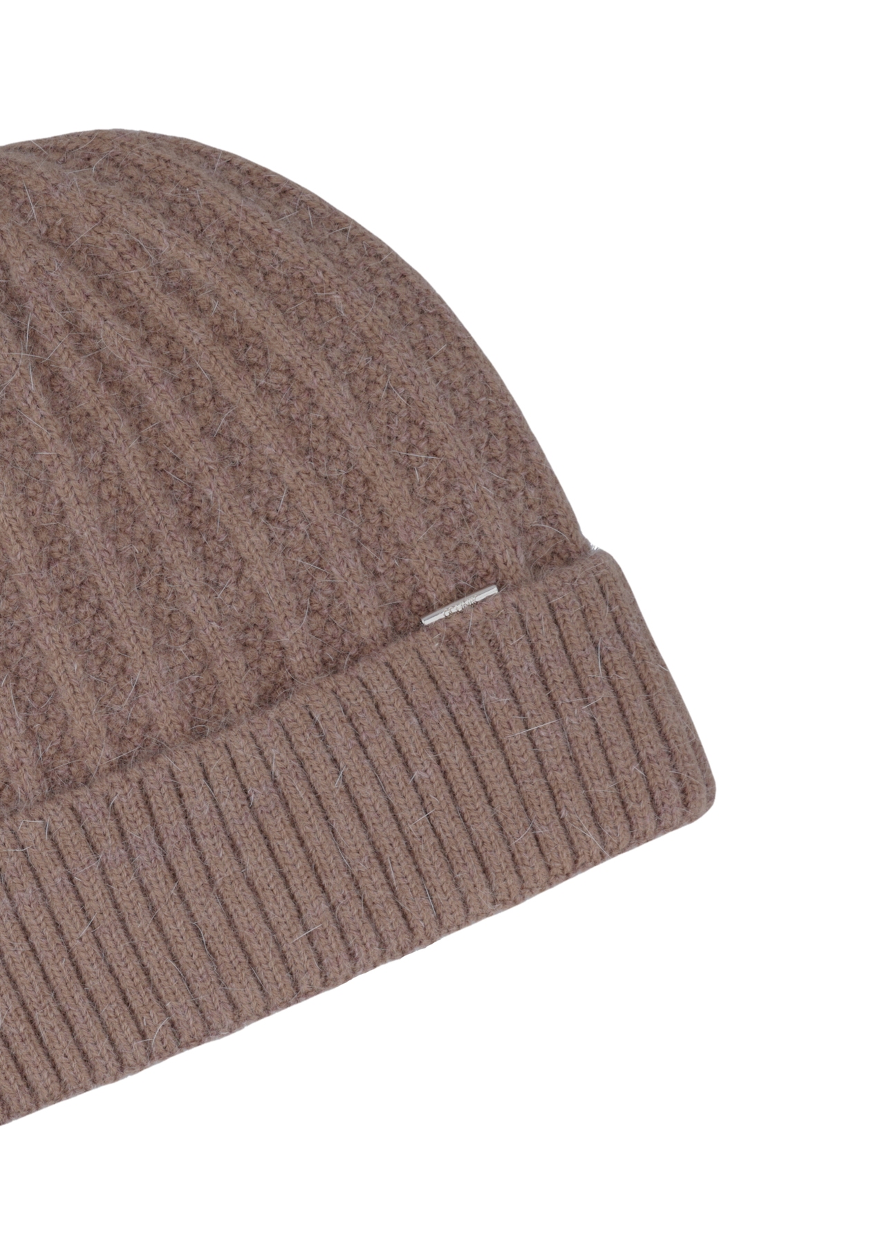 Women's winter hat in cool beige color CZADT-0237-1K(Z26), close-up of the product detail on a white background.