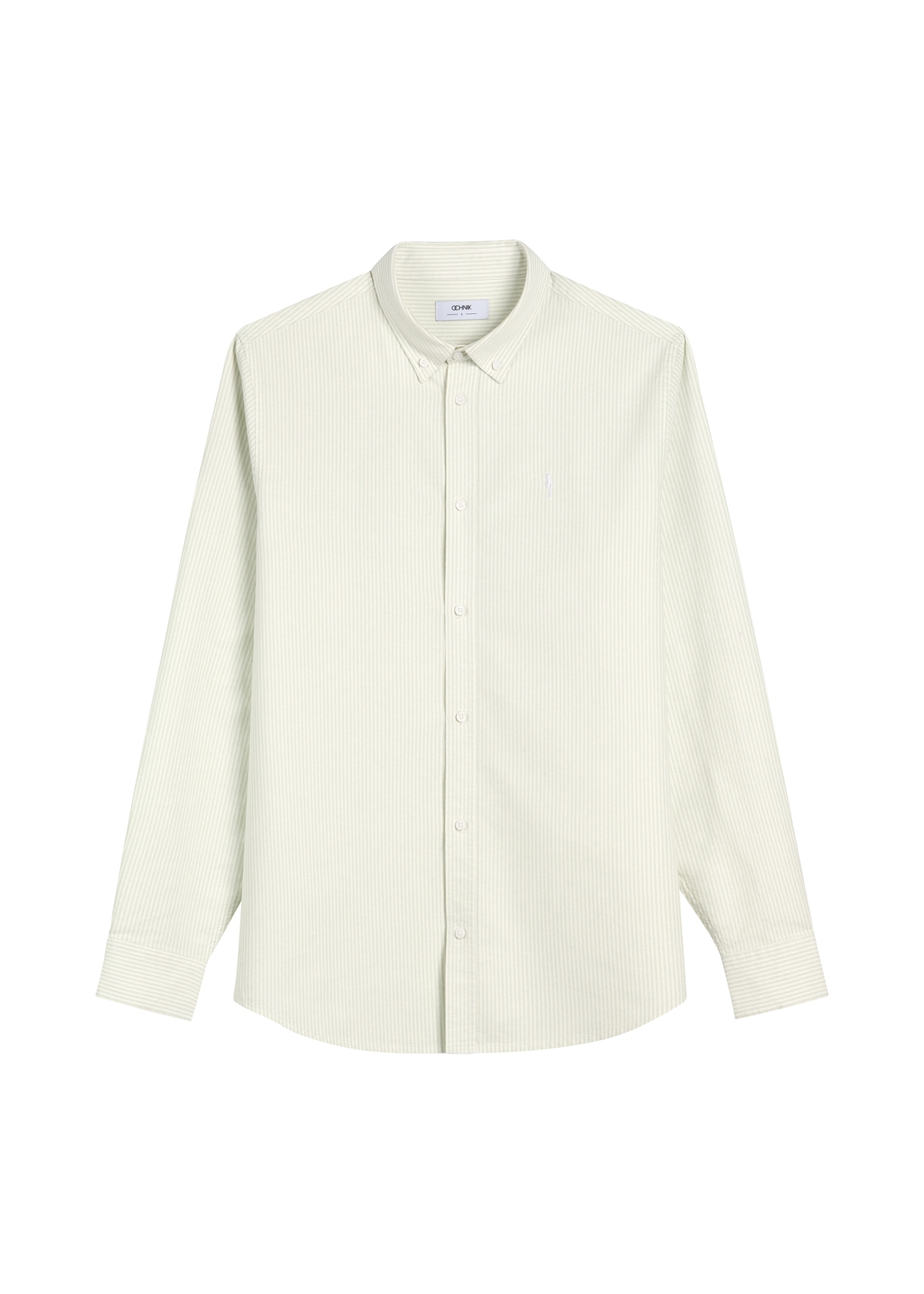 Men's cotton sage striped shirt KOSMT-0354-8F(W26), front product view on white background.