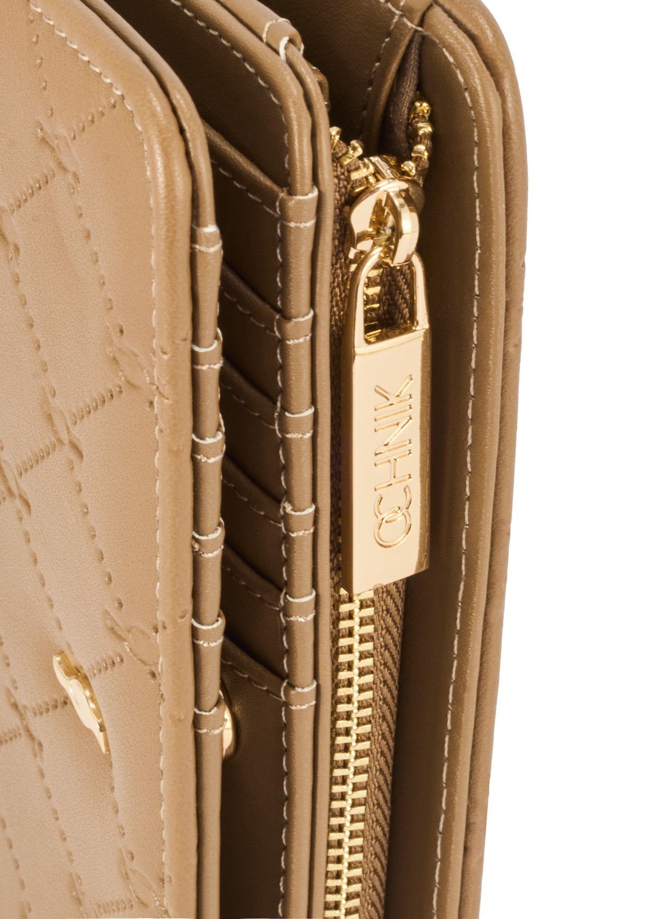Beige women's wallet with monogram POREC-0348A-81(Z25), close-up of the product detail on a white background.