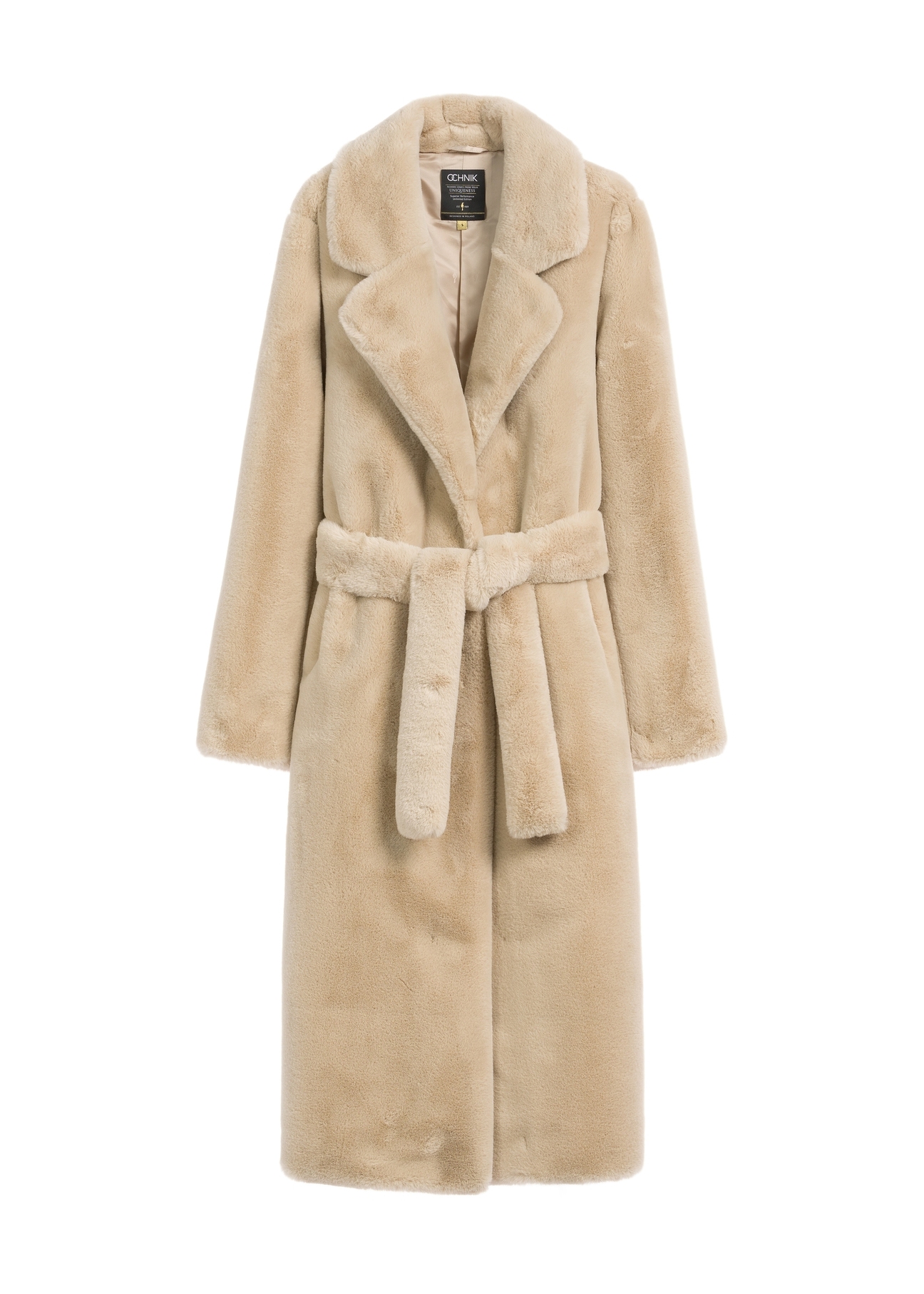 Women's faux fur coat with belt FUTDP-0002A-81(Z25), product view from the front on a white background.