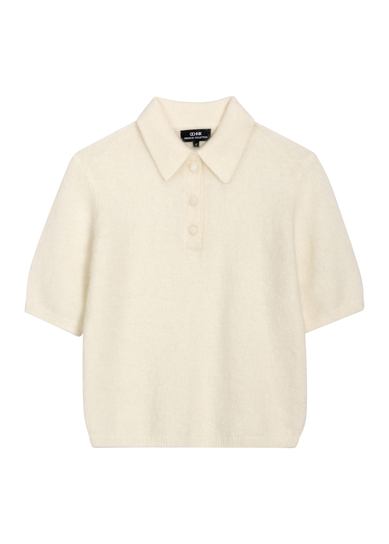Cream thin knit polo sweater BLUDT-0221-0B(Z26), front product view on white background.