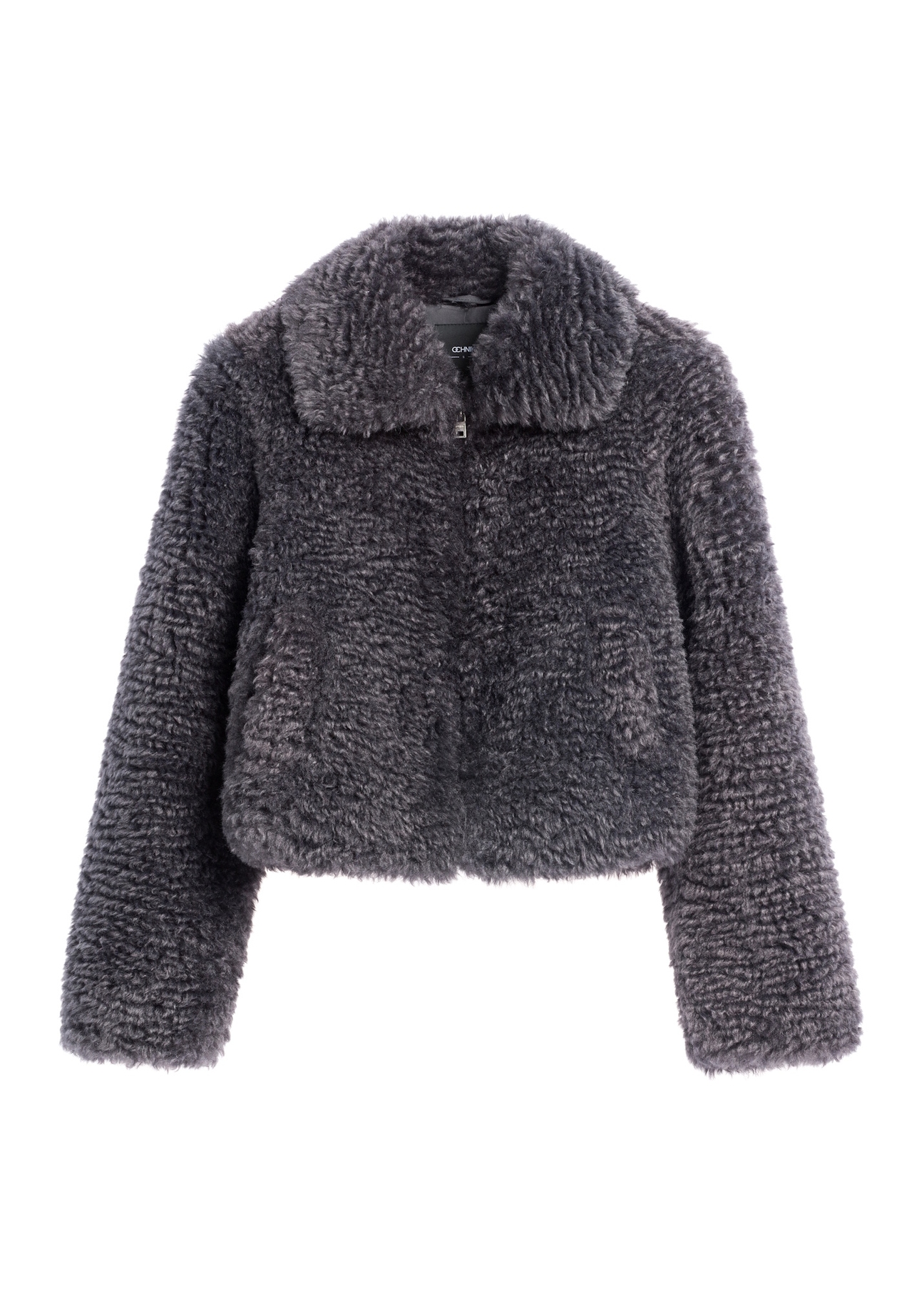 Women's gray short fur coat FUTDP-0082-9D(Z26), front product view on white background.
