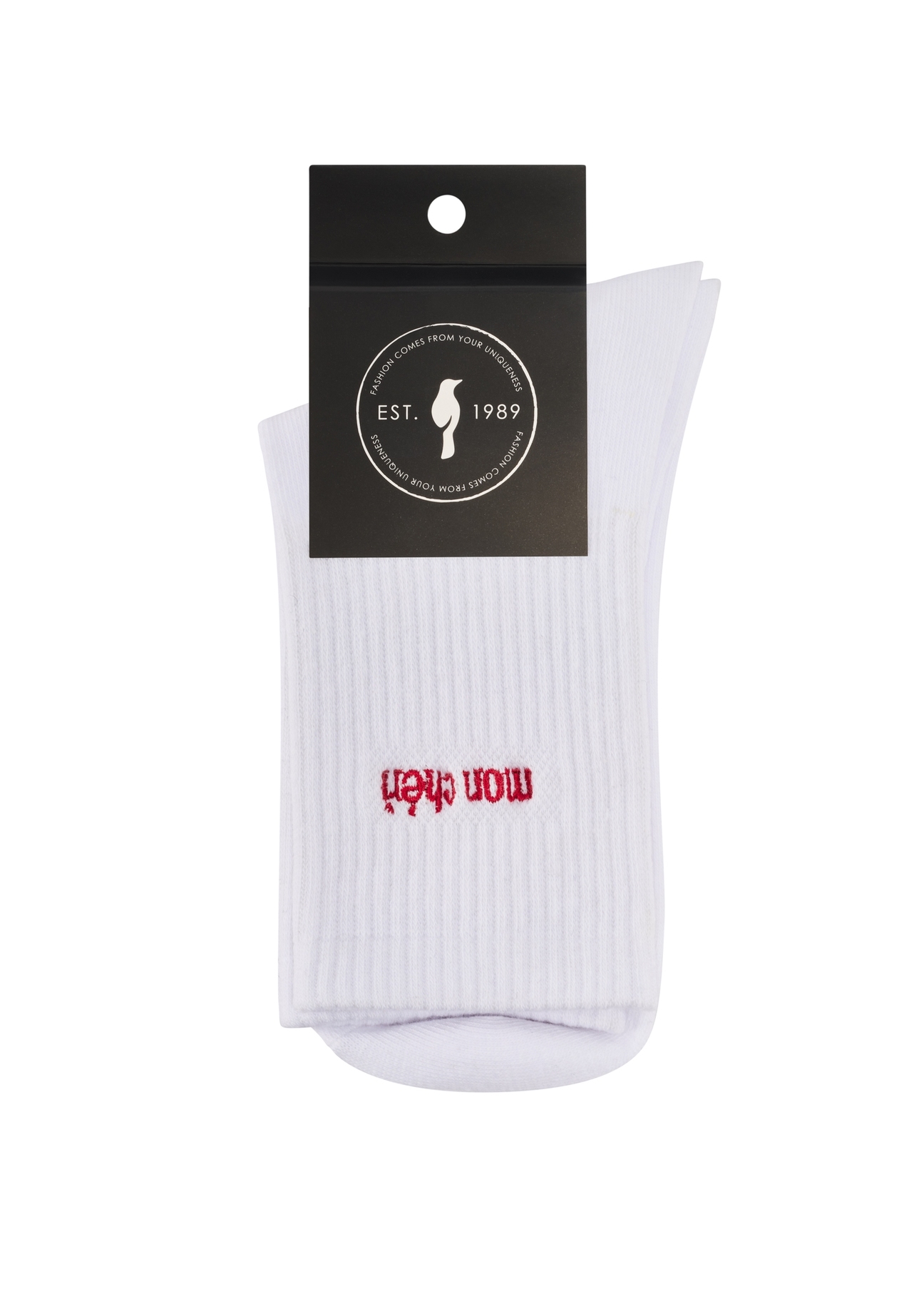 Women's white long socks SKADT-0079-0B(W26), product view with packaging on white background.
