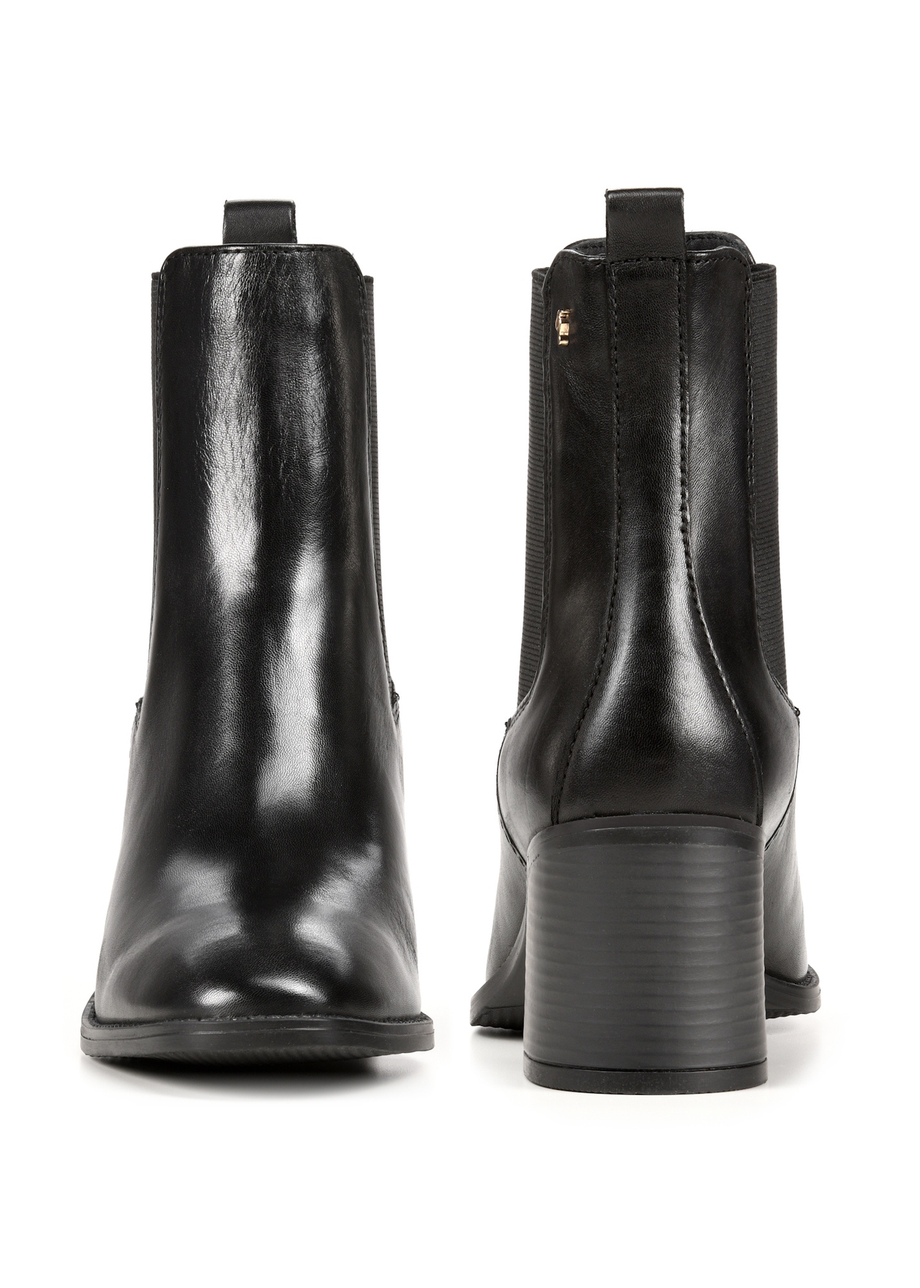Women's black leather high heel boots BUTYD-1185-99(Z25), front and back product view on white background.