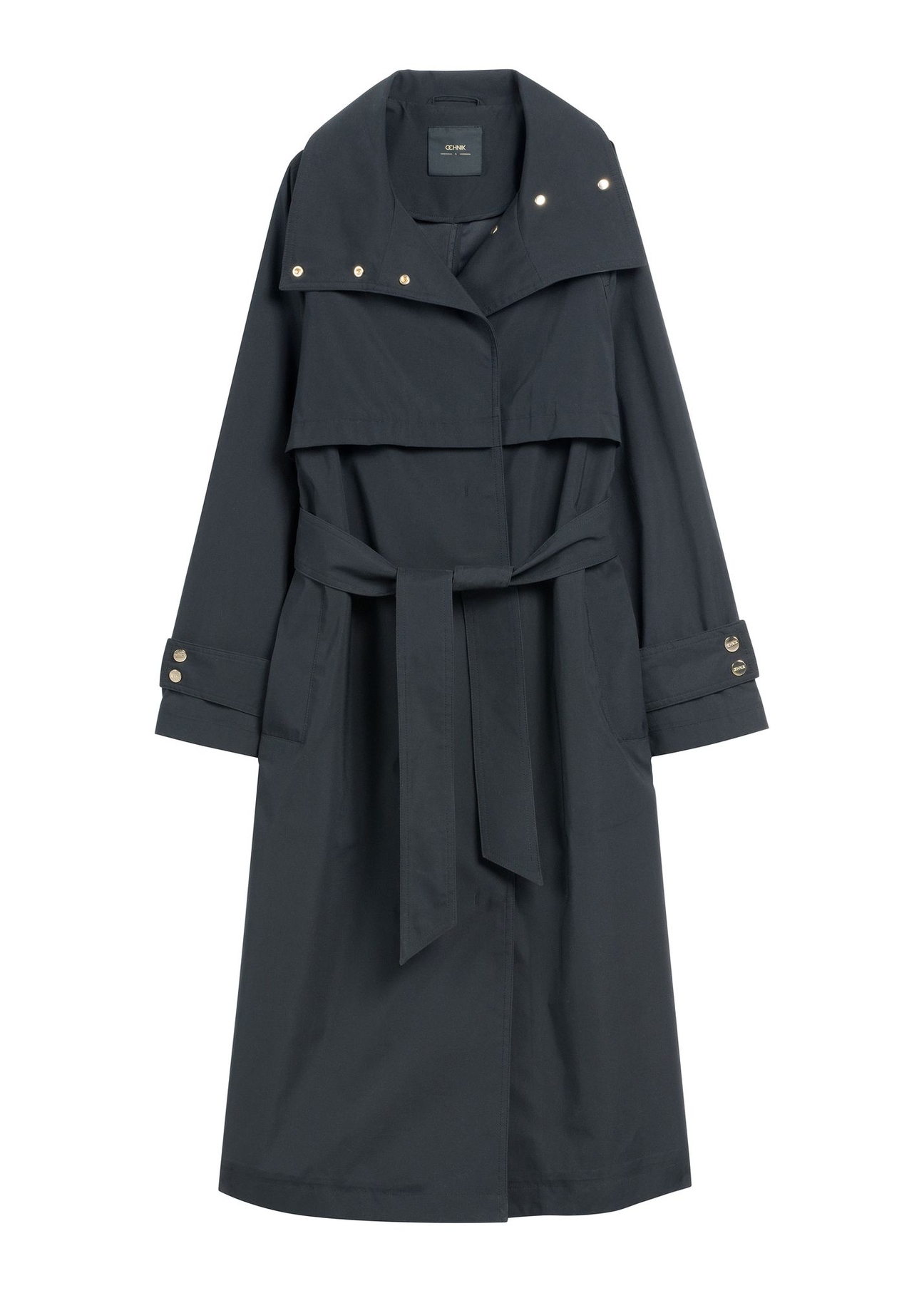 Black long women's coat KURDT-0653-99(W26) - front product view, on white background.