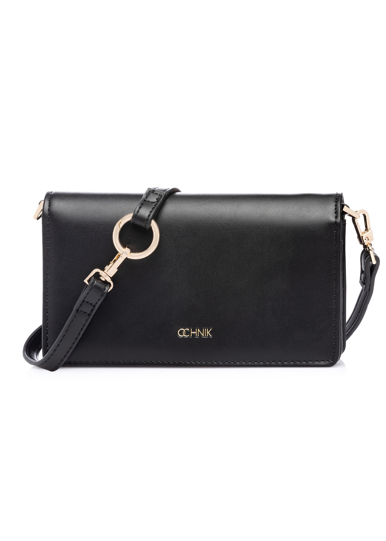 Black women's wallet with strap POREC-0431-99(W26), front product view on white background.