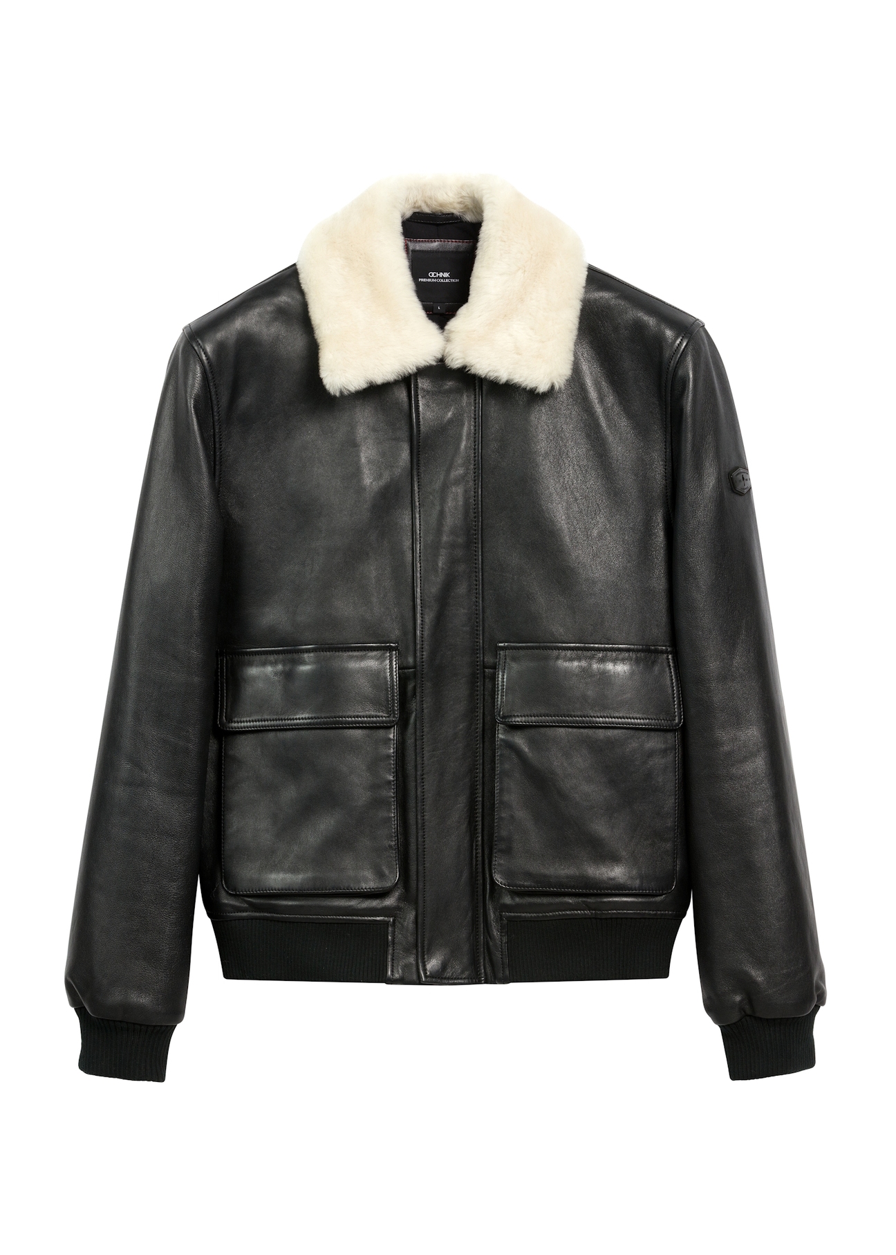 Black men's leather bomber jacket KURMS-0378-2745(Z25), product view front on white background.