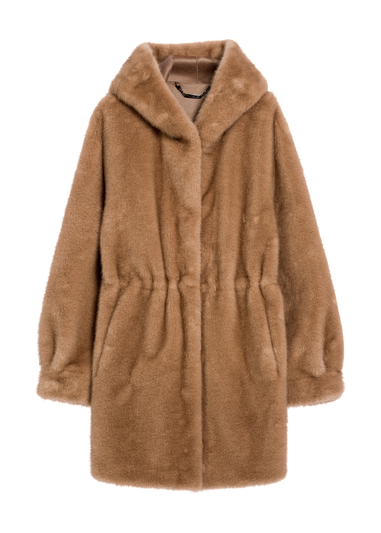Beige women's fur coat with hood FUTDP-0062-81(Z25), front product view on white background.