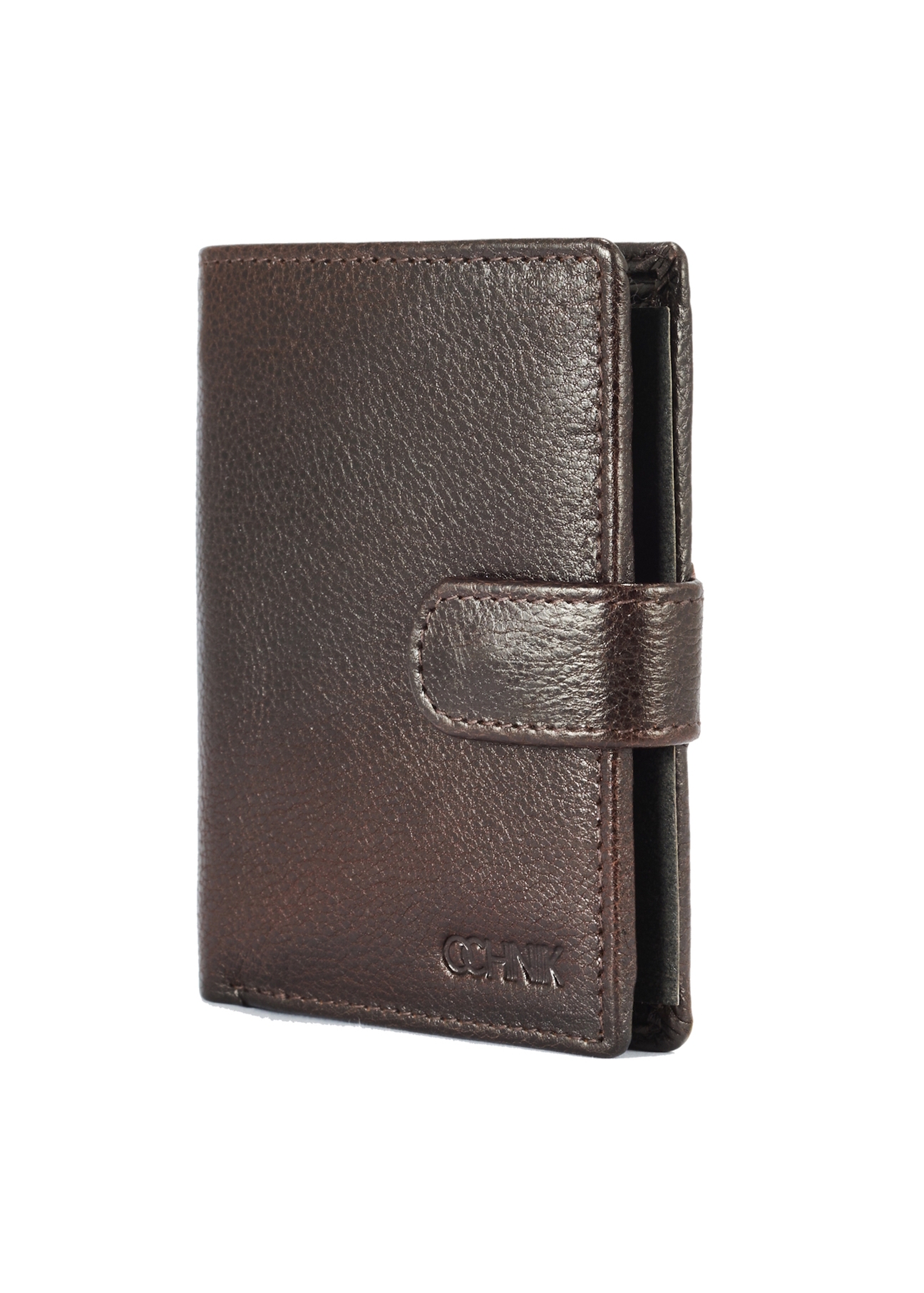 Brown leather small men's wallet PORMS-0653-89(W25) - diagonal product view on white background.