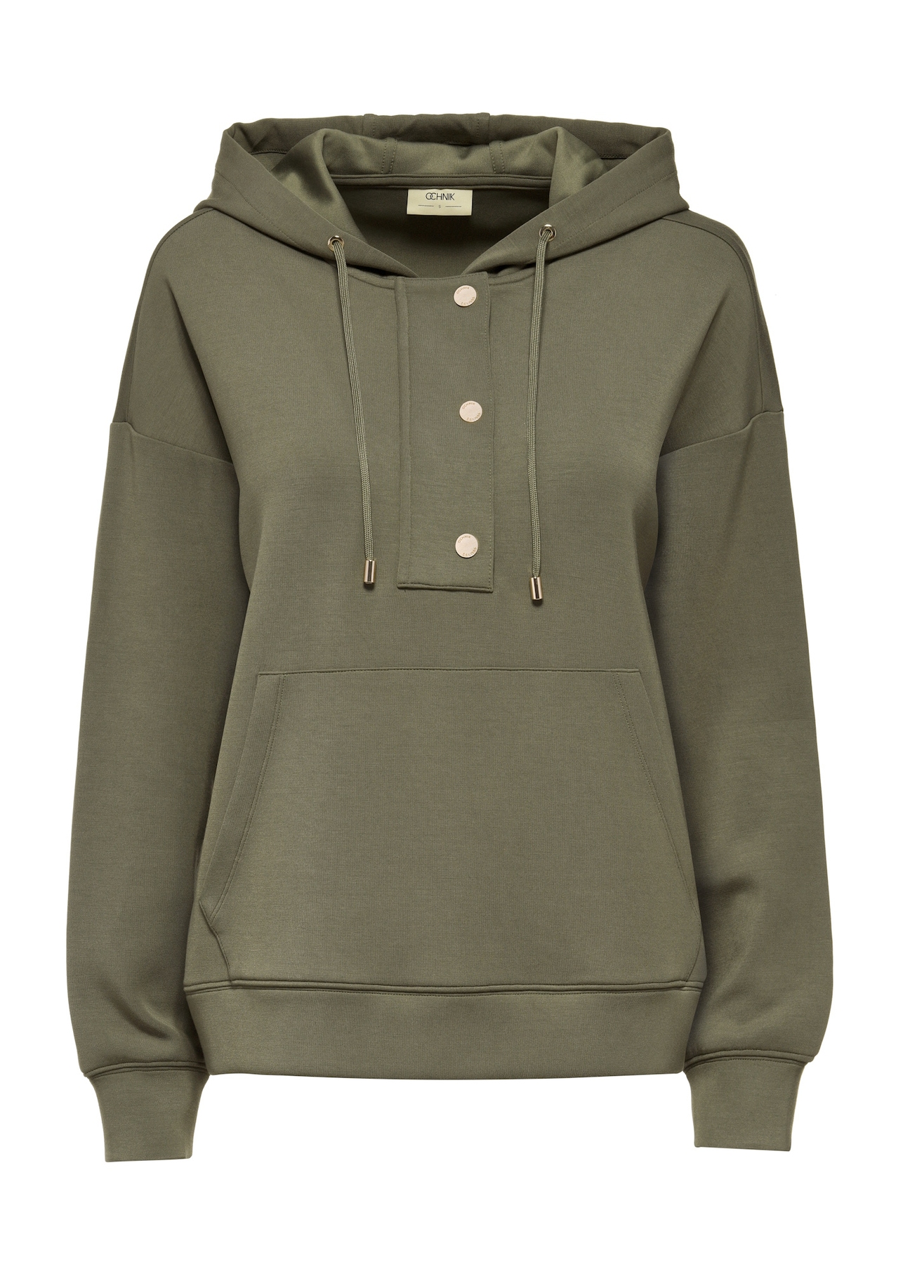 Women's khaki hooded sweatshirt BLZDT-0111-55(W25), front product view on white background.