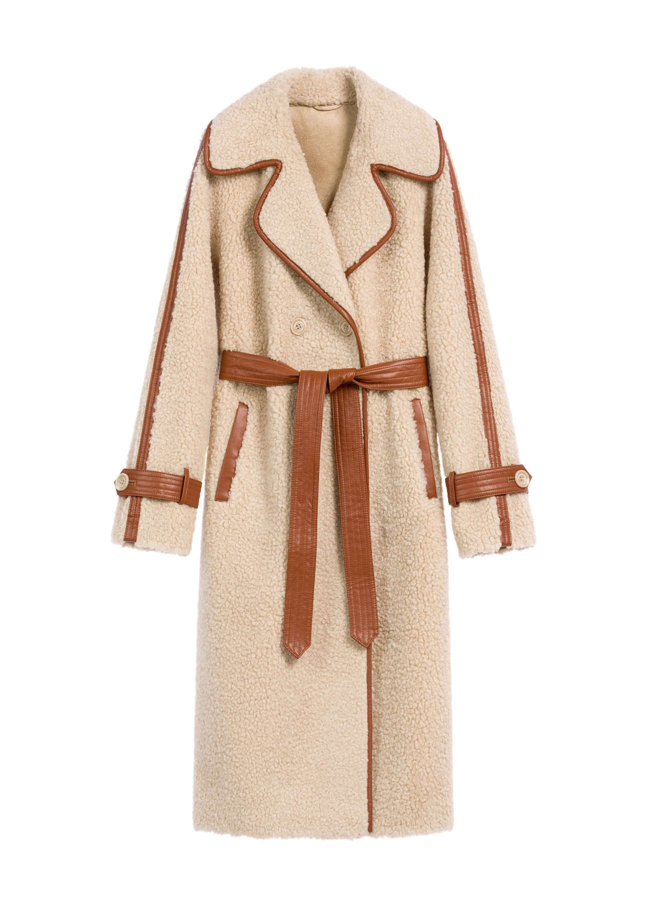 Beige women's fur coat with wool FUTDP-0035-80(Z 25) - front view of the product on a white background.
