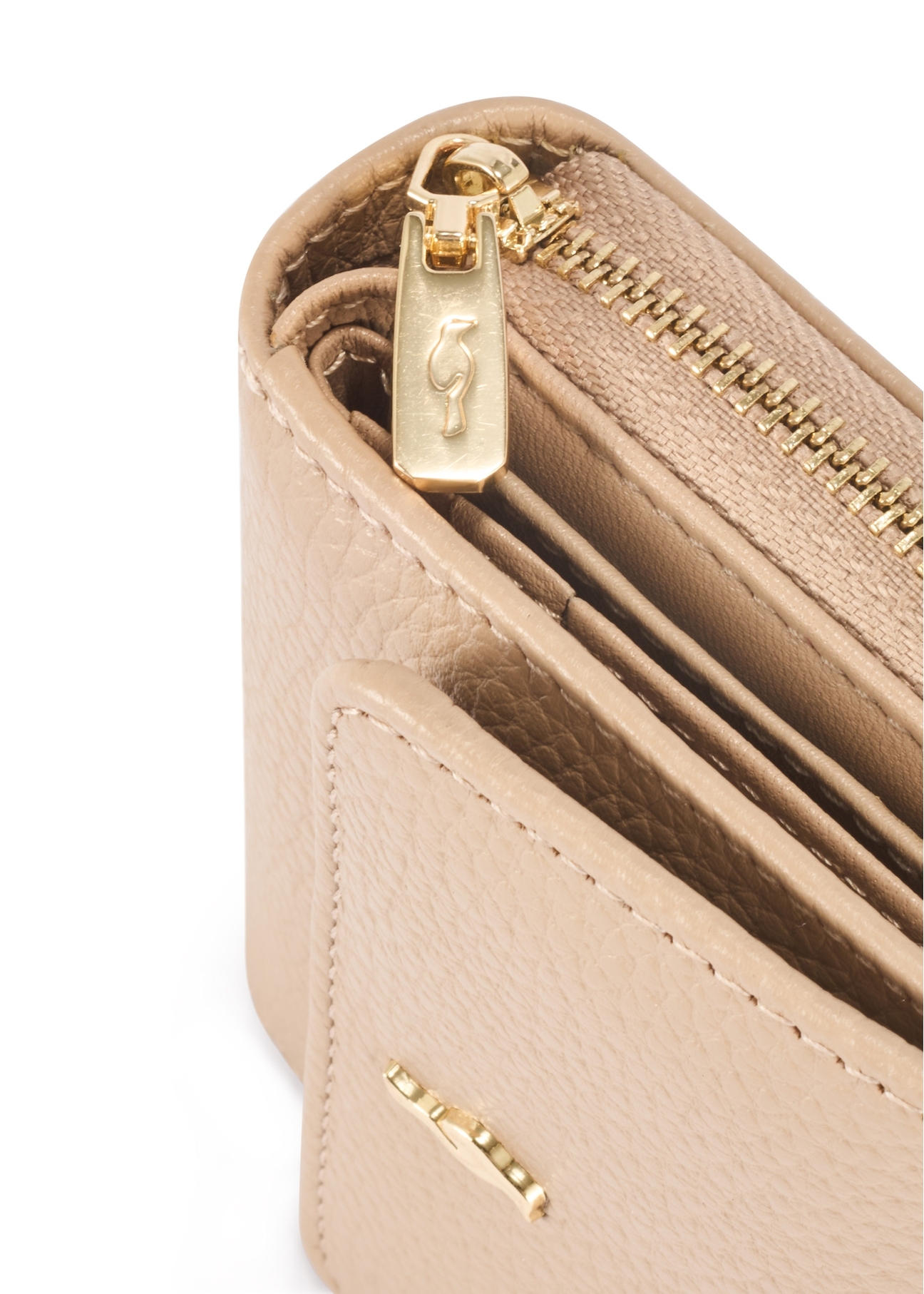 Beige women's leather wallet PORES-0802R-81(Z25), close-up of the product detail, view on a white background.