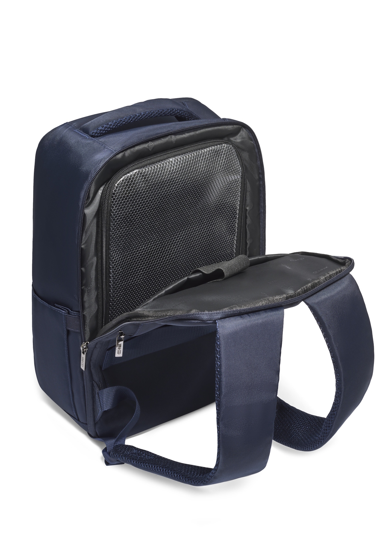 Navy blue airplane backpack PLCMN-0014-7D(Z26), product view inside on a light background.