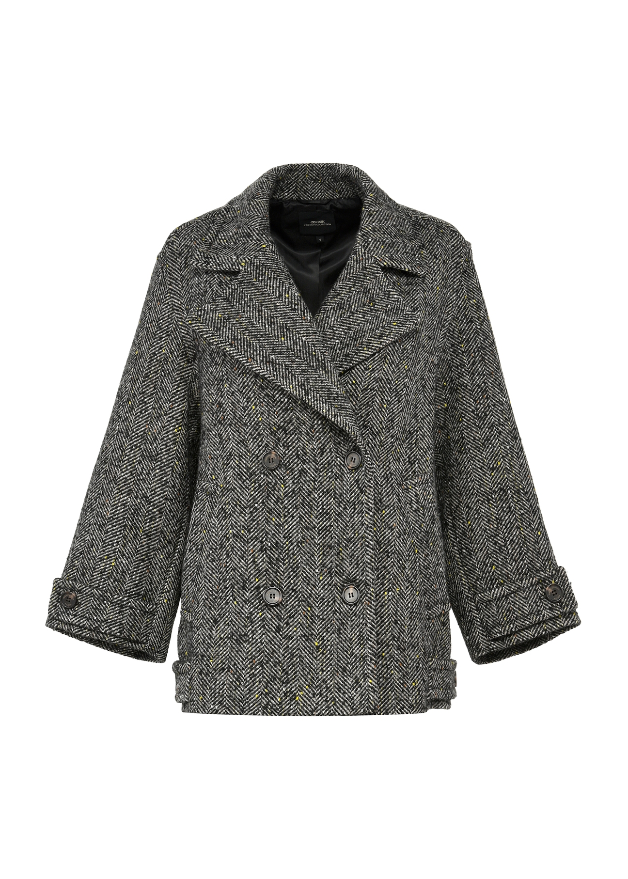 Gray short women's coat PLADT-0062-91(Z25), product view from the front on a white background.