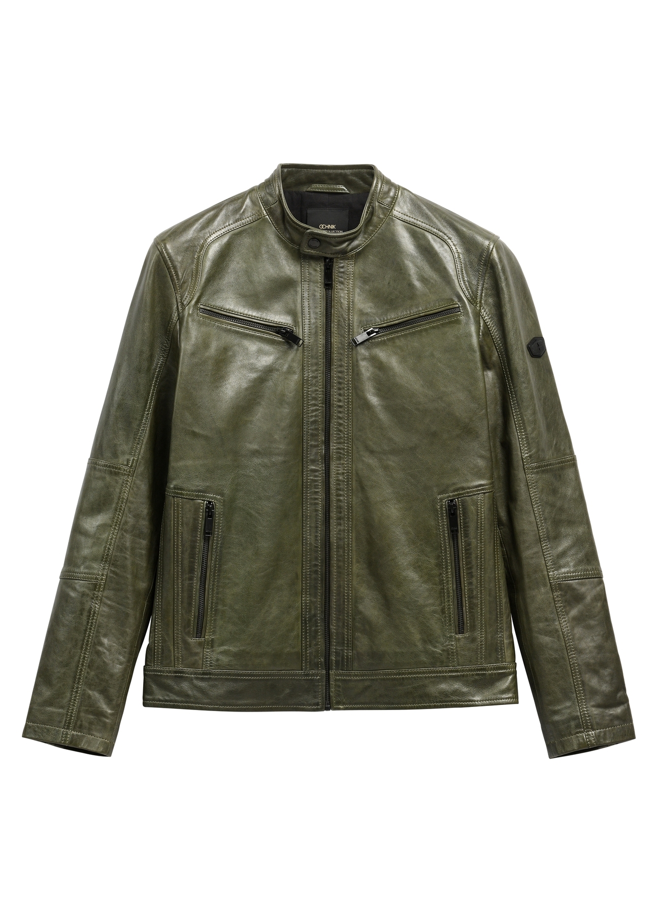Men's khaki leather jacket KURMS-0338-8D(W26) - front product view, on white background.