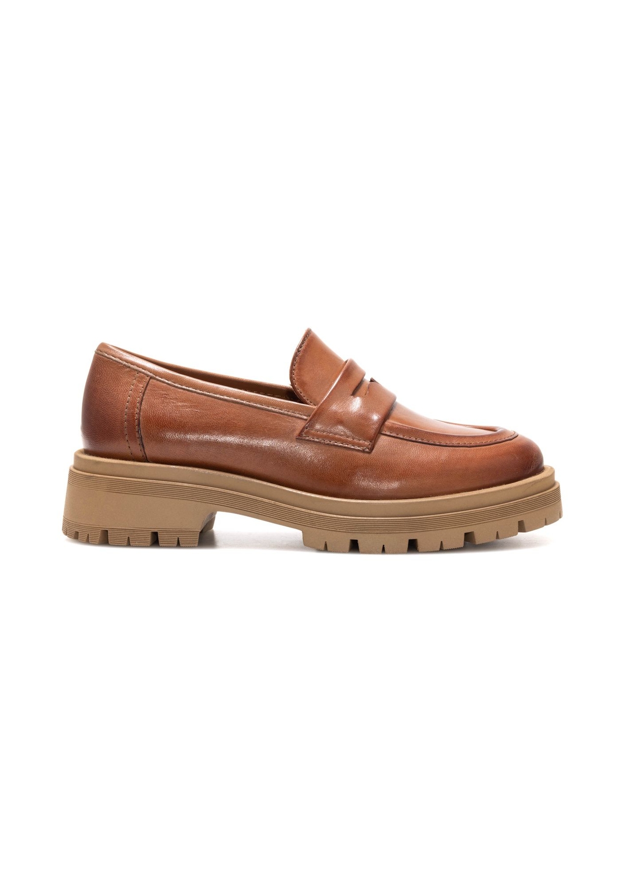 Women's leather moccasins in cognac color BUTYD-1187-1F(Z26), side view of the product on a white background.