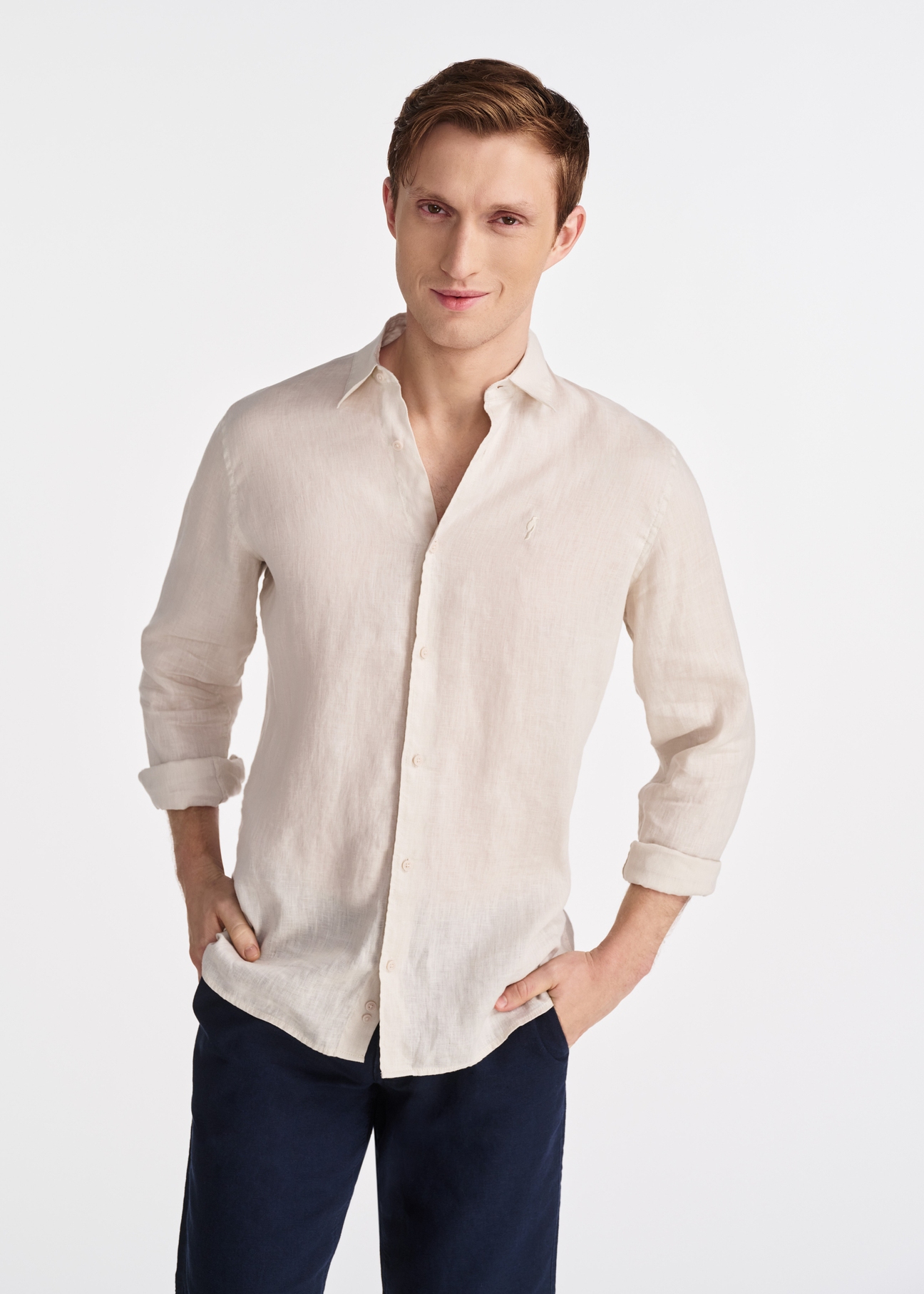 Beige linen men's shirt KOSMT-0321-80(W25), front product view on the model. Half of the silhouette visible.
