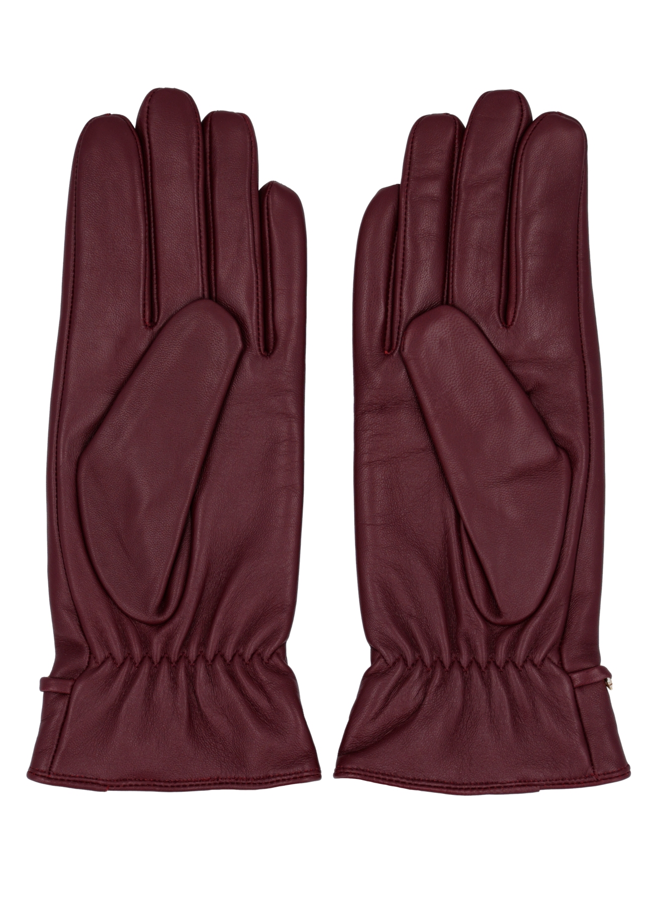 Burgundy women's leather gloves REKDS-0090-4D(Z26), product view from the back on a white background.