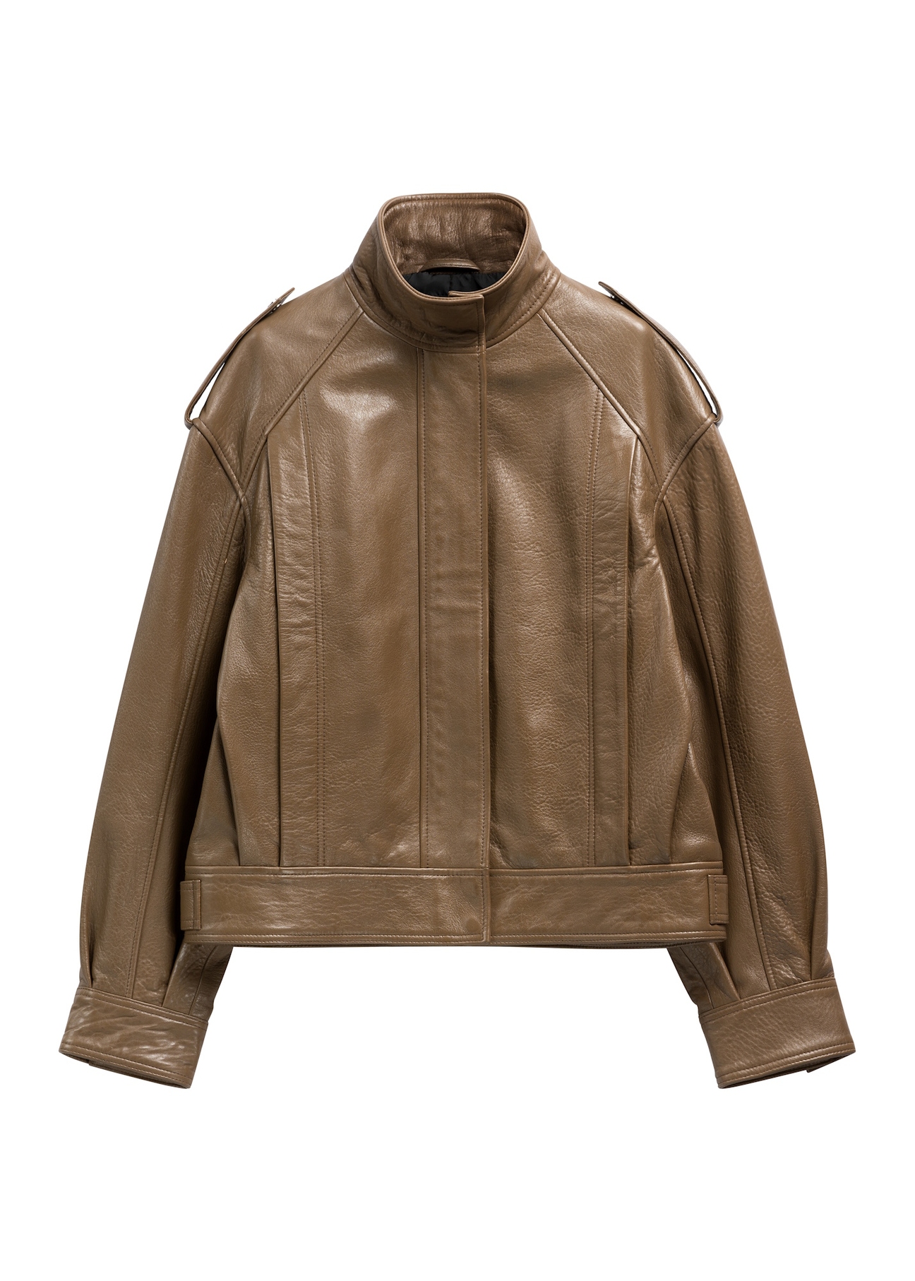 Brown oversize women's leather jacket KURDS-0648-9B(Z26), front product view on white background.