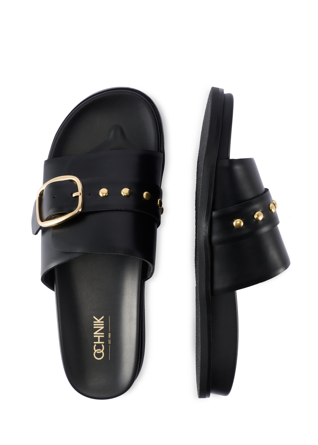 Women's black leather mules BUTYD-1269-99(W26), product view from above on white background.