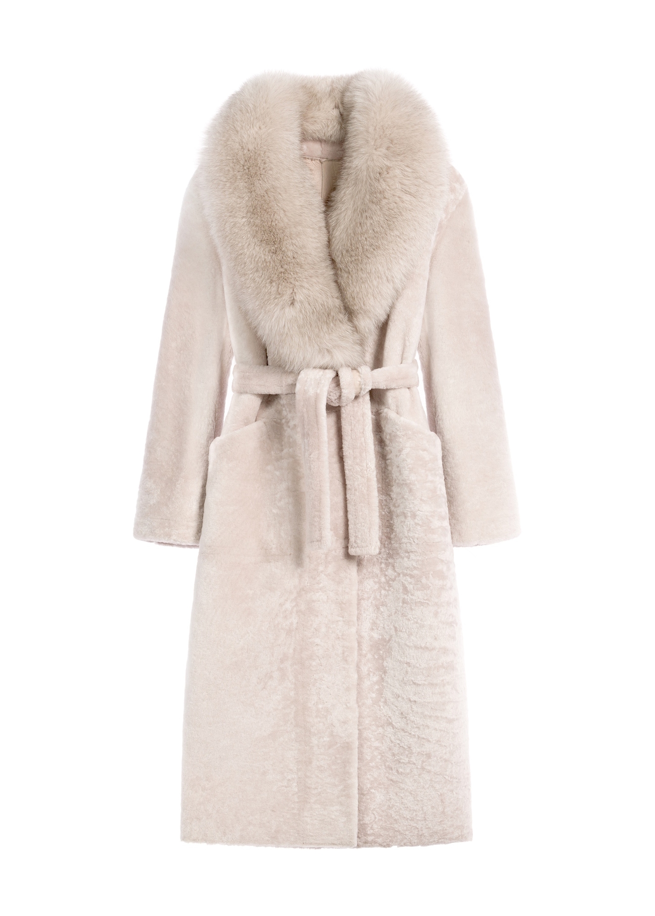 Light beige double-sided long women's sheepskin coat KOZDS-0089-3037(Z25) - front product view on a white background.