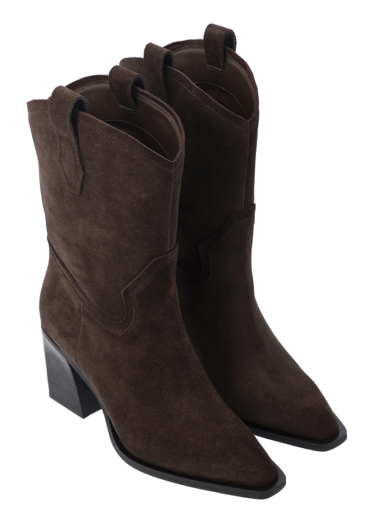 Dark brown suede women's ankle boots BUTYD-1336-1I(Z26), diagonal product view on a white background.