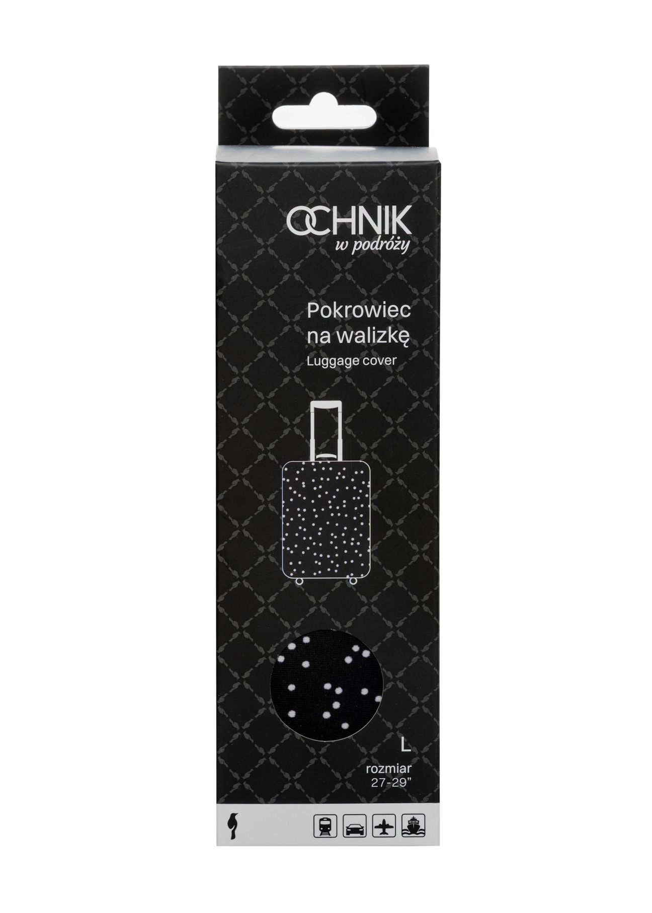 Large suitcase cover with polka dots AW-013-0007-9P-L(W26), front view of the product in the packaging.