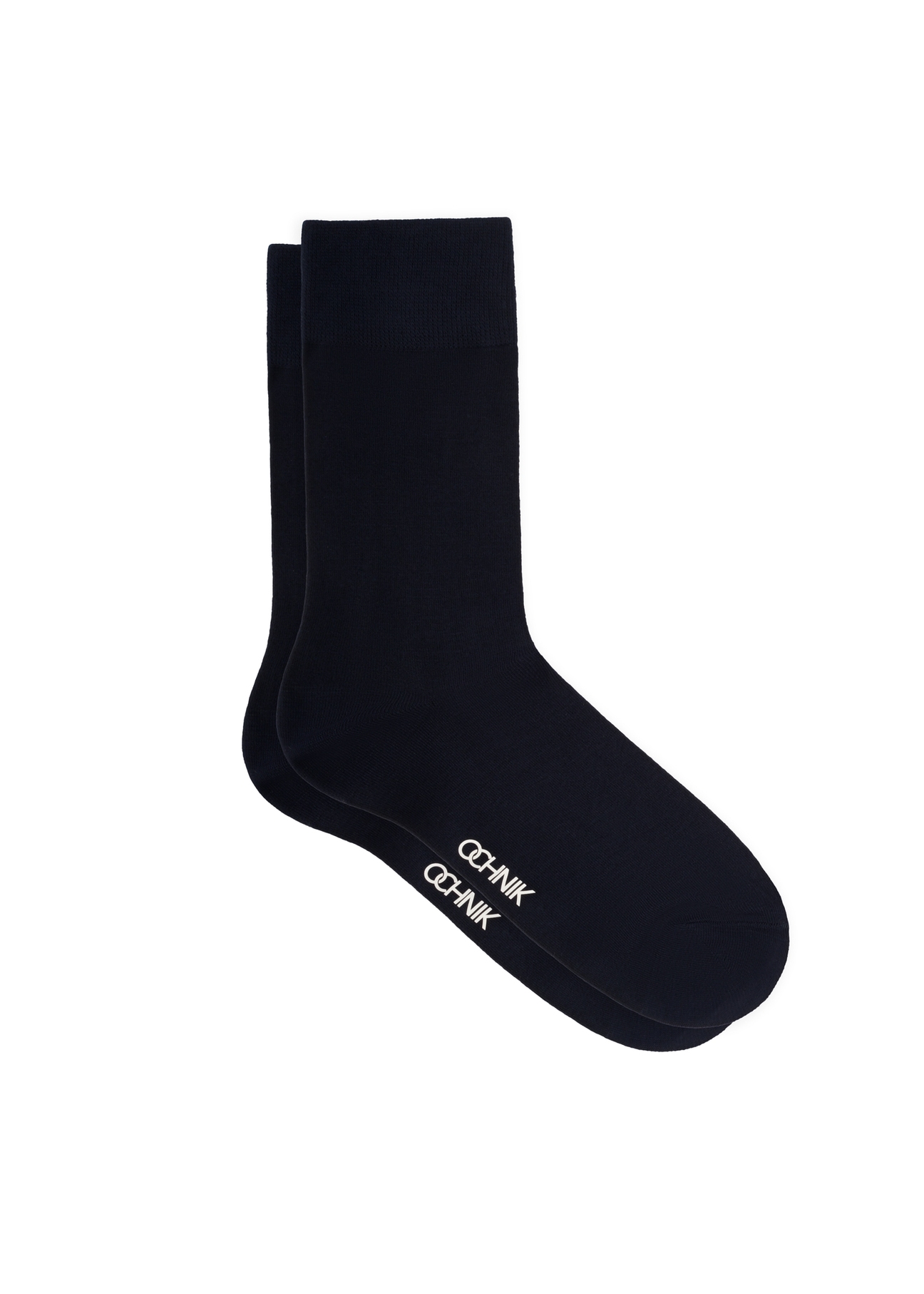 Men's long navy blue socks SKAMT-0019A-7E(W26), side product view on white background.