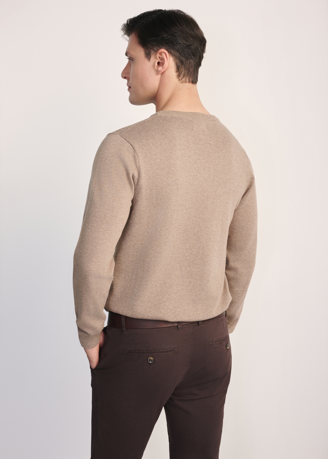 Camel cotton men's sweater SWEMT-0114A-24(Z25), product visible from the back on the model, half of the silhouette visible.