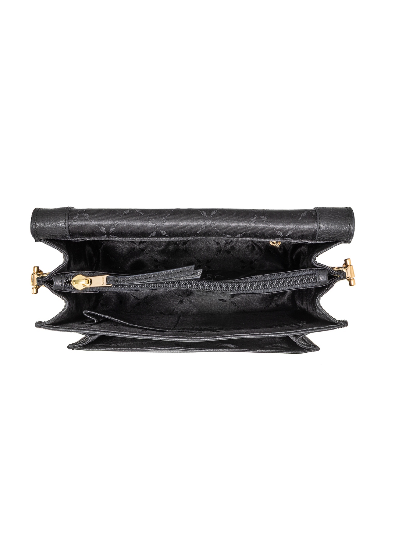 Black leather messenger bag TORES-1182-99(Z25), view of the inside of the product on a white background.