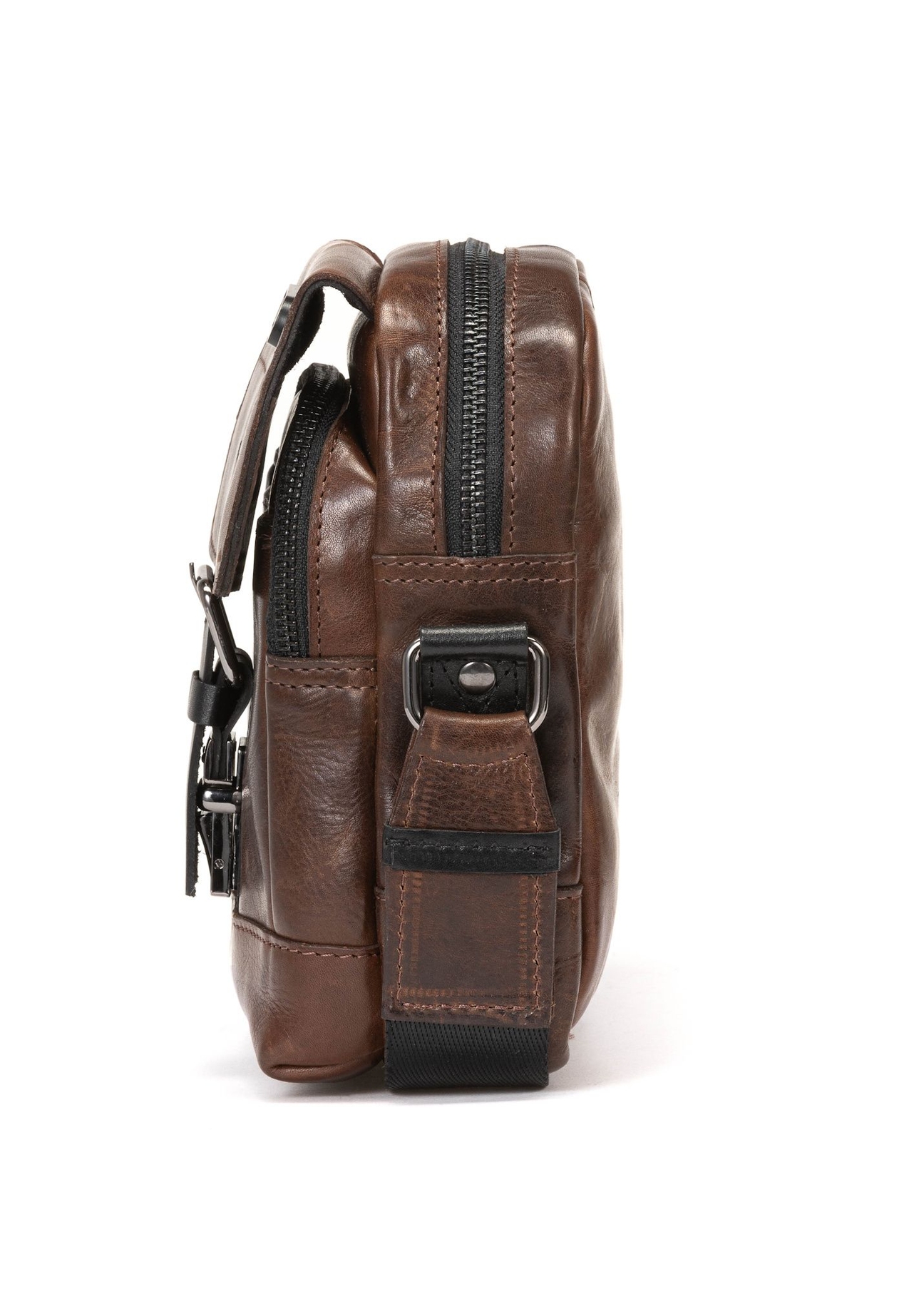 Men's brown leather bag with flap TORMS-0105-1H(W26), side product view on white background.
