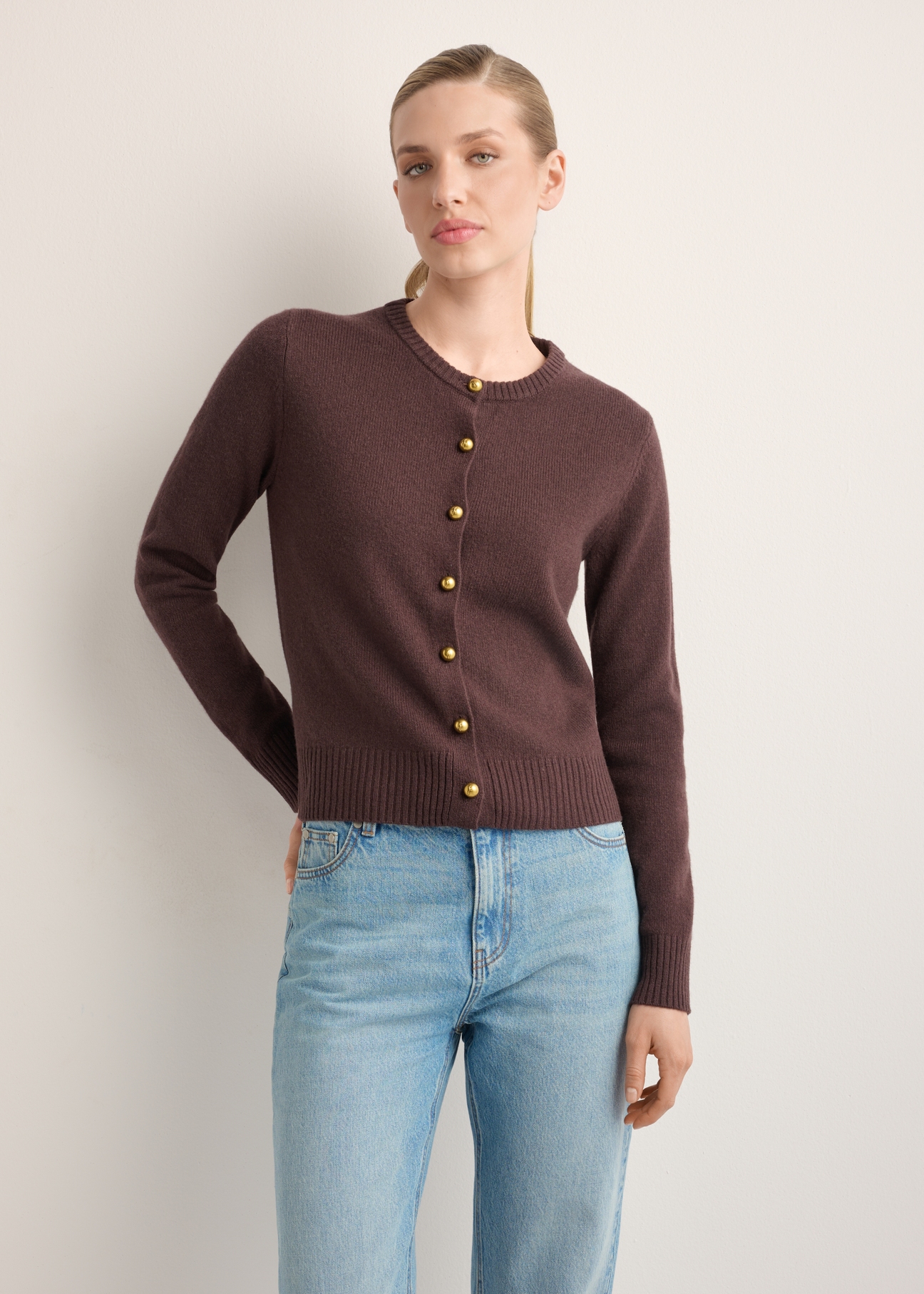 Women's brown wool cardigan KARDT-0058-1I(Z26), front view of the product on the model's silhouette. Half of the silhouette visible.
