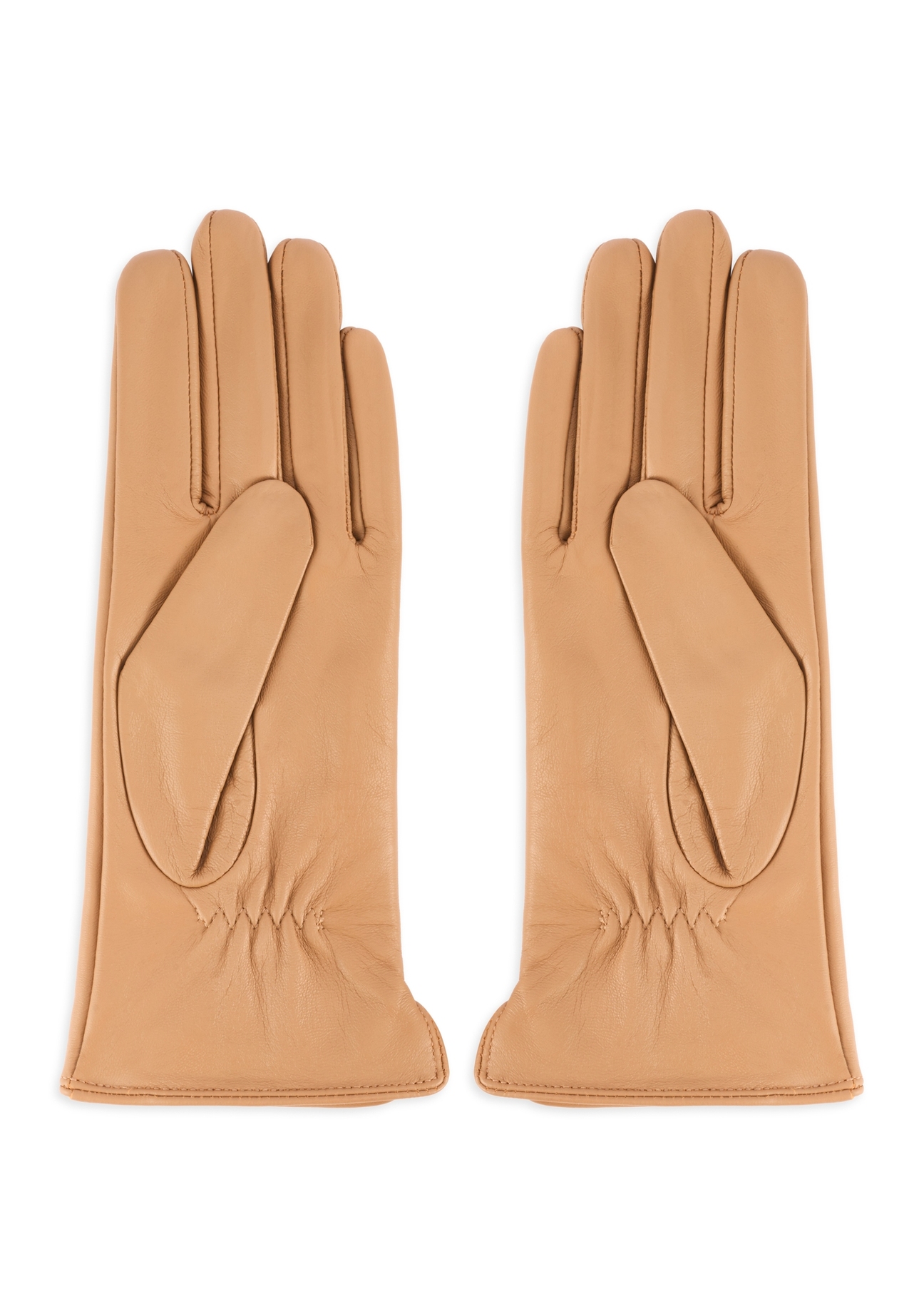 Beige women's leather gloves REKDS-0001A-81(Z25), product view from the back on a white background.