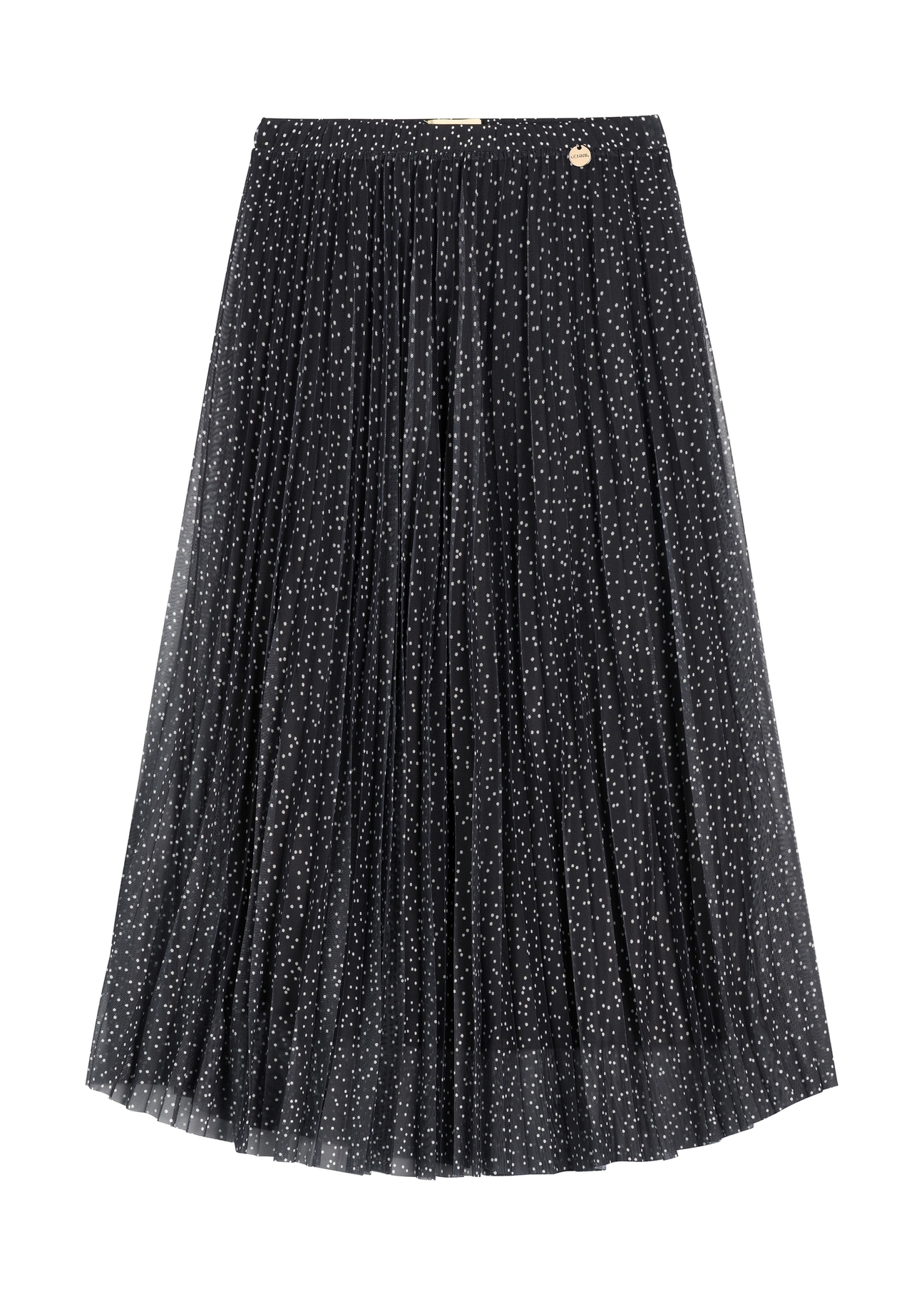 Polka dot pleated midi skirt SPCDT-0110-9P(W26) - front product view, on white background.