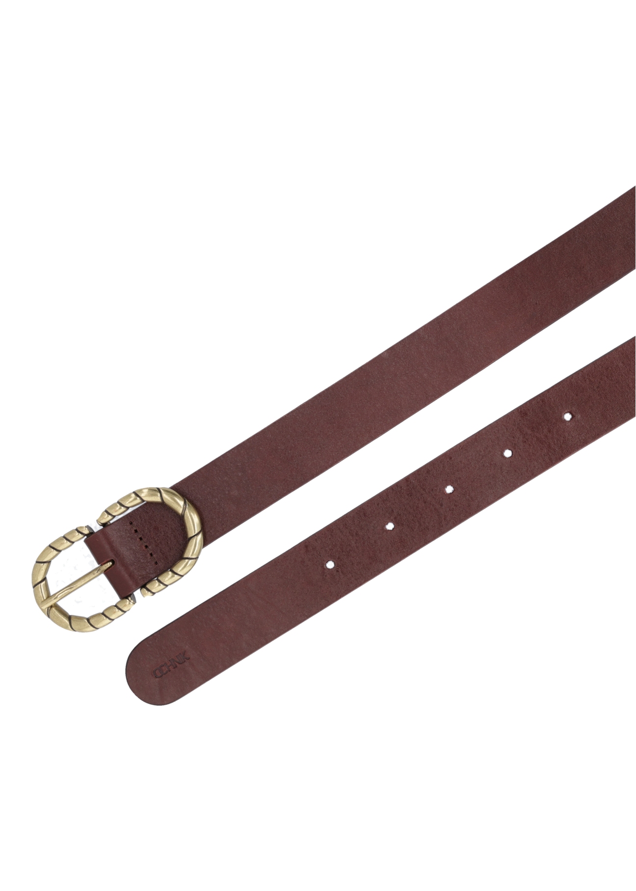 Brown leather belt with decorative buckle PASDS-0354-1H(Z26), product view from above on white background.