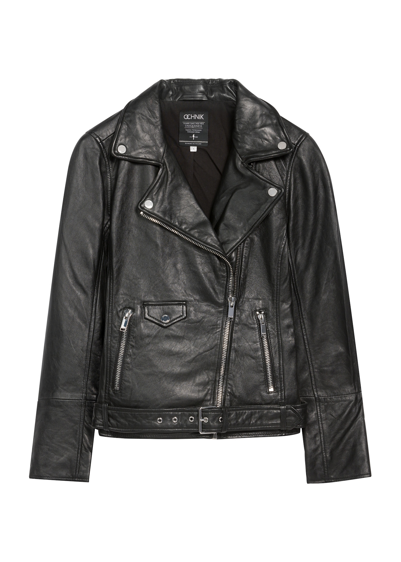 Women's black leather jacket KURDS-0184A-5471(KS), front product view on white background.