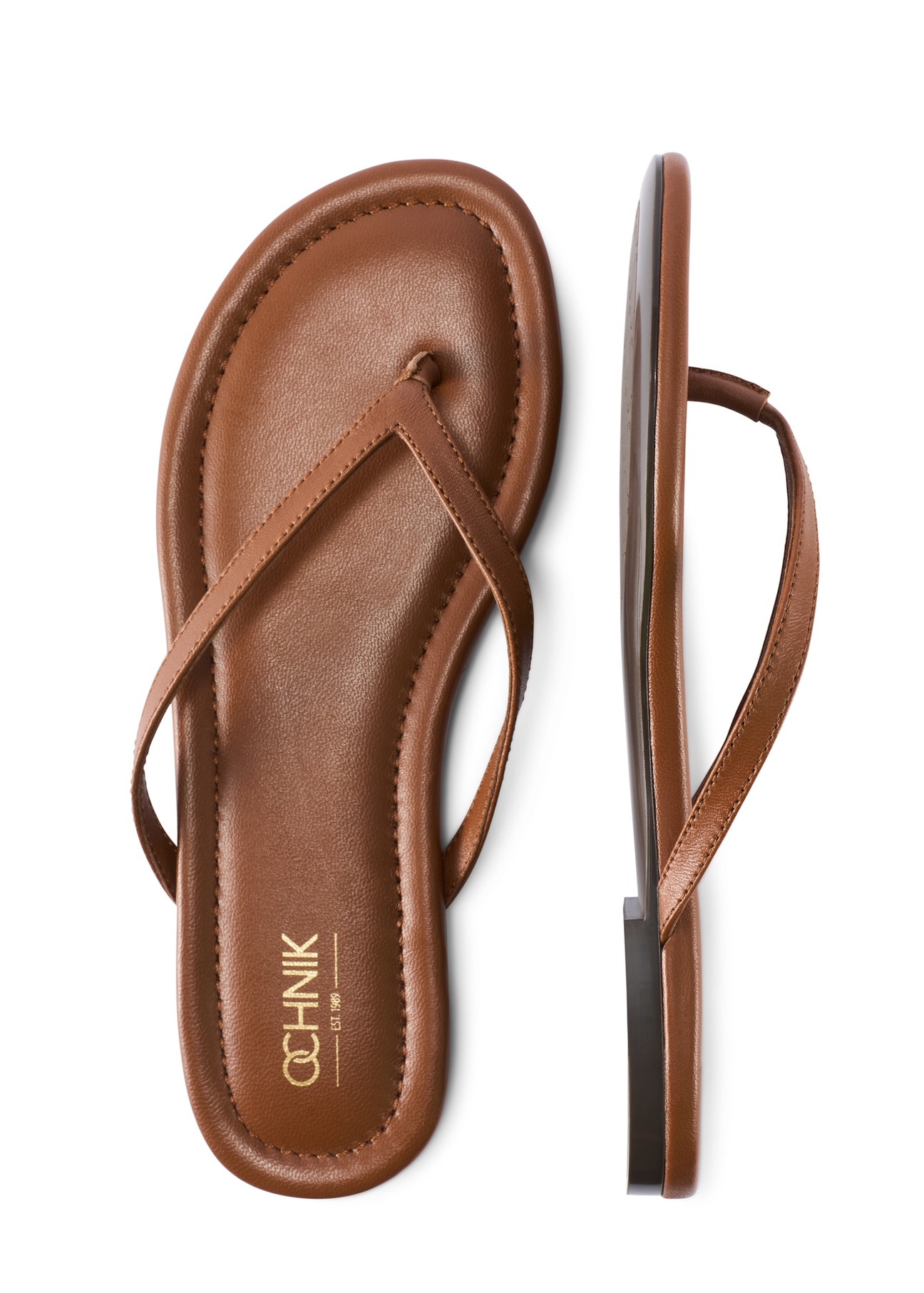 Women's camel leather flip-flops BUTYD-1271-1D(W26), top view of the product on a white background.