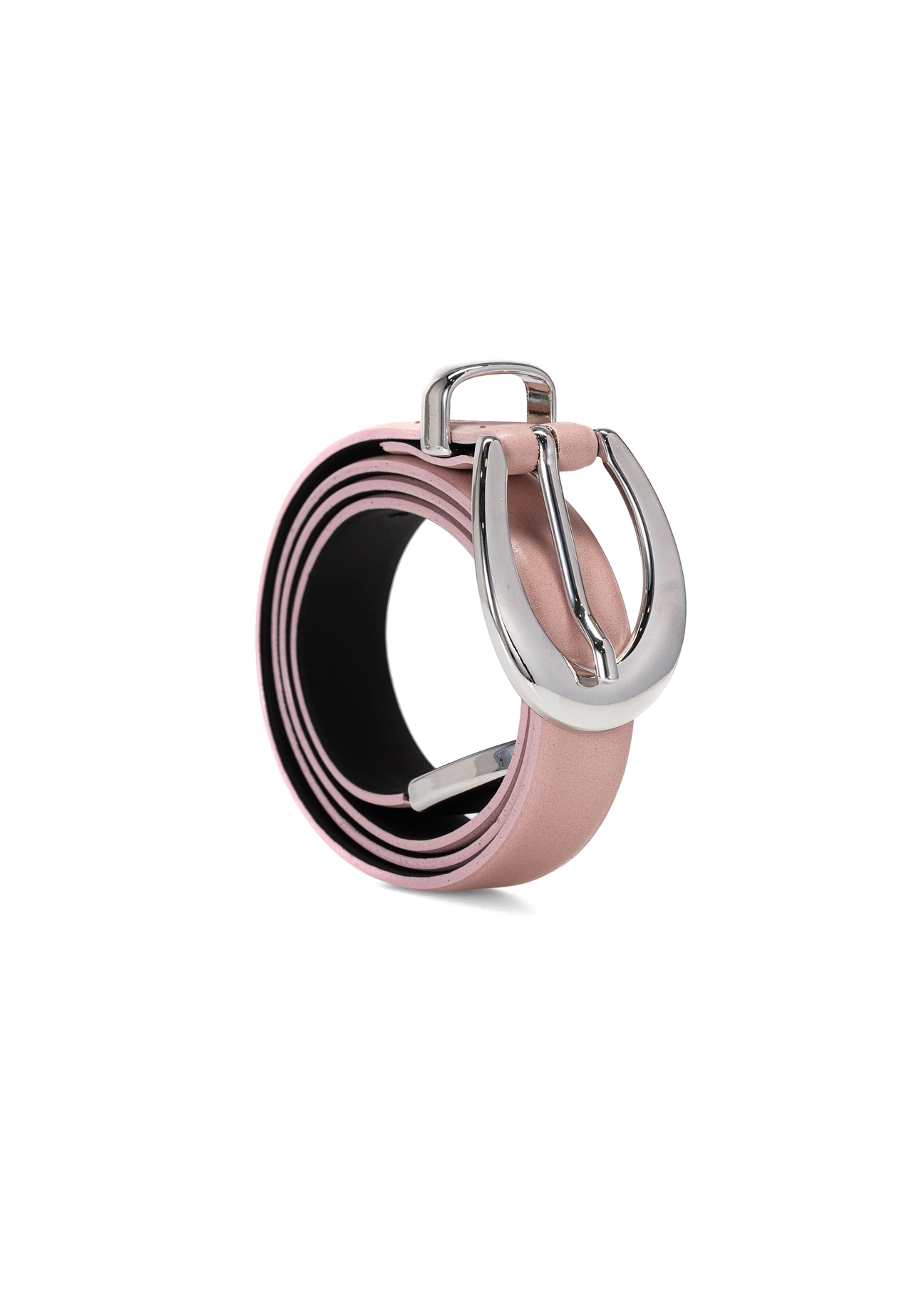 Pink women's leather belt PASDS-0325-31(W25) - diagonal product view on white background.