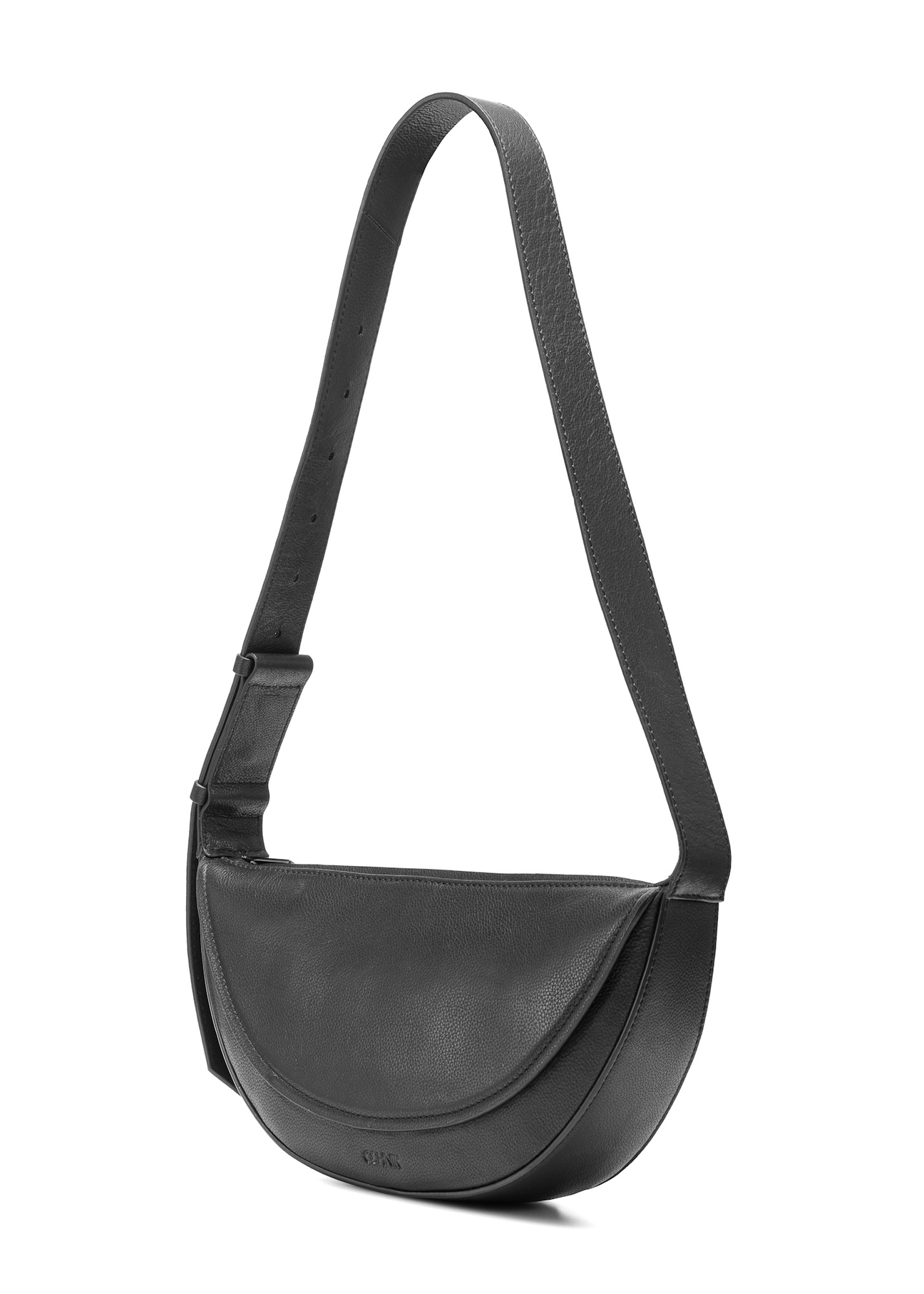 Black leather semi-circular women's handbag TORES-1178-99(Z25), diagonal product view on white background.