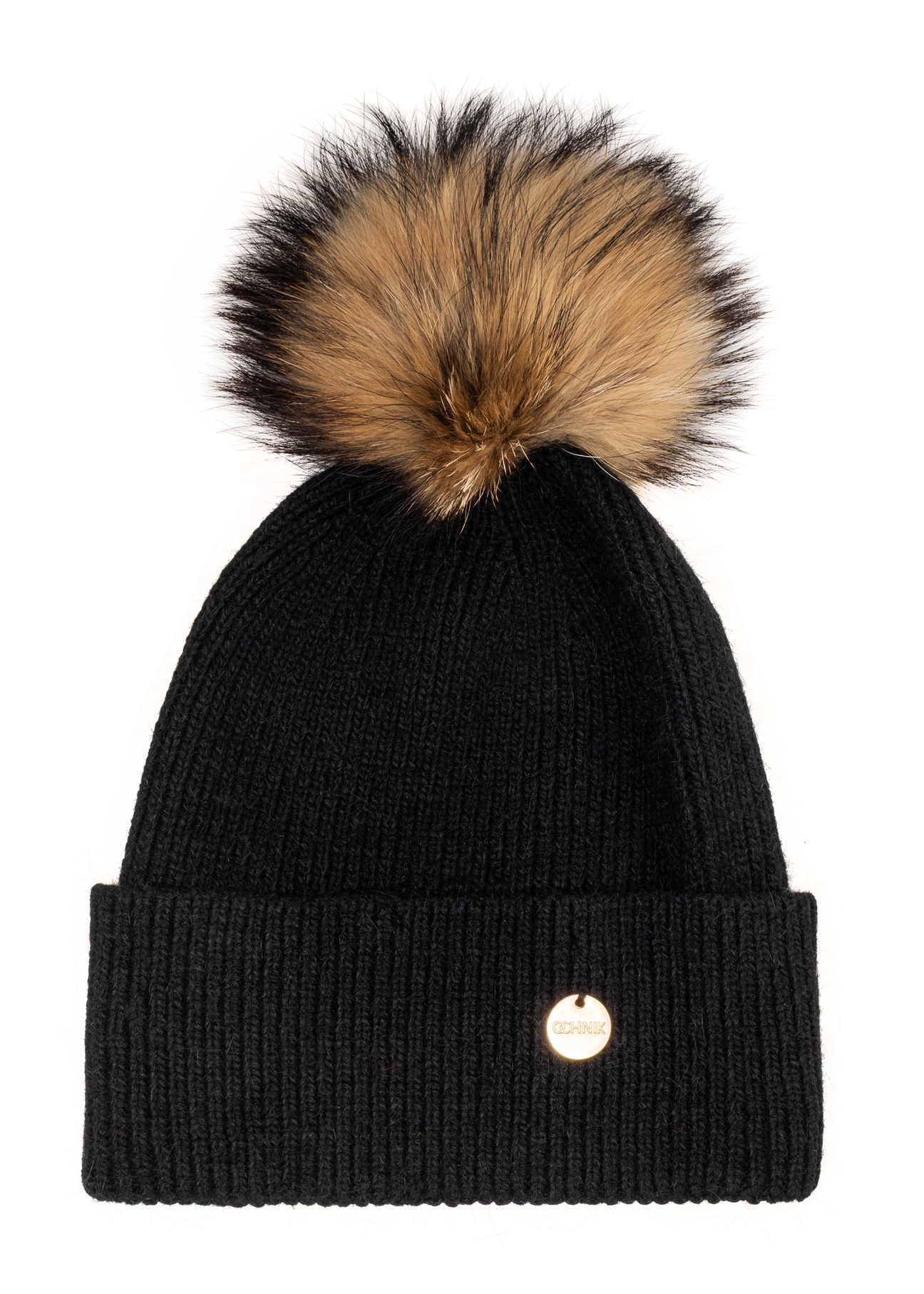 Black women's hat with a fur pom-pom CZADT-0221-99(Z26), front view on a white background.
