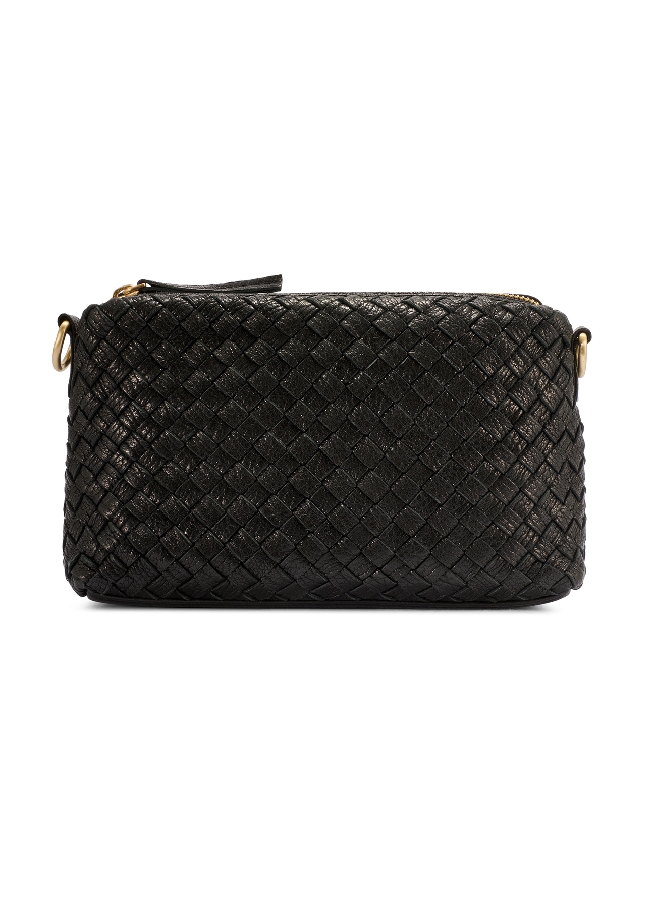 Black leather handbag with decorative weave TORES-1243-9P(W26), product view from the back on a white background.