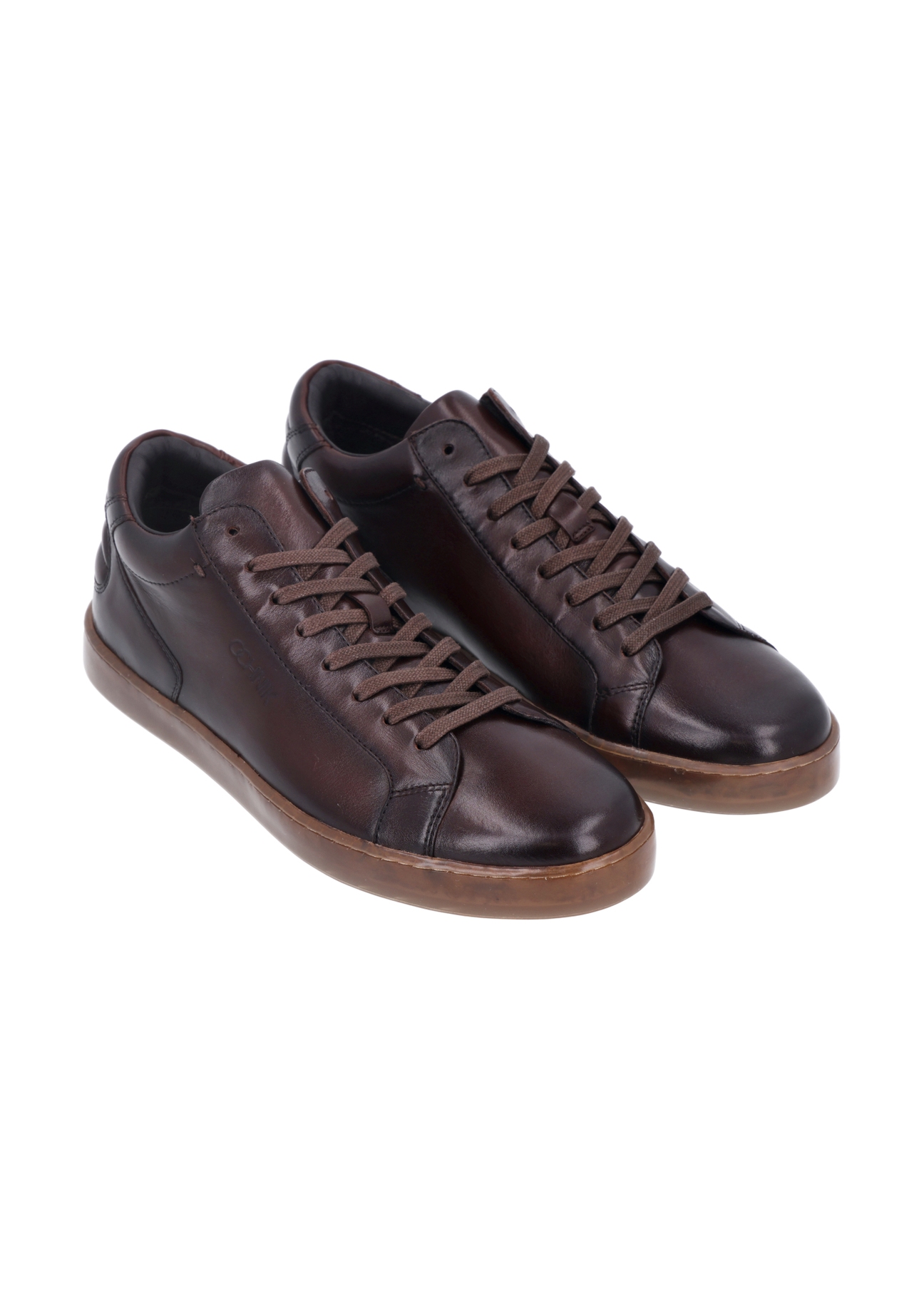 Dark brown men's leather sneakers BUTYM-0405C-1I(Z26), diagonal product view on white background.