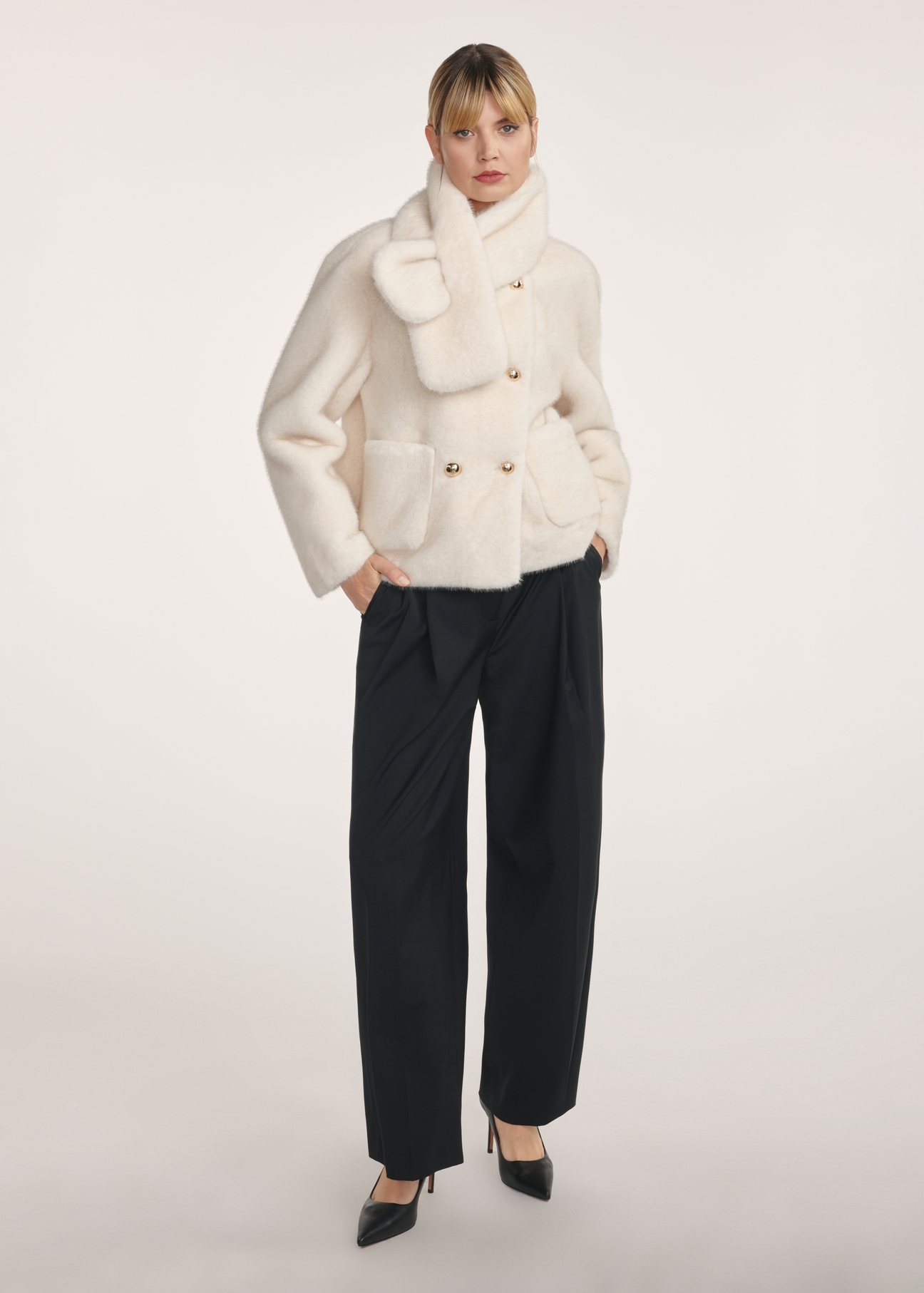 Cream women's fur coat FUTDP-0068-12(Z25), front view of the product on the model. Full body visible.