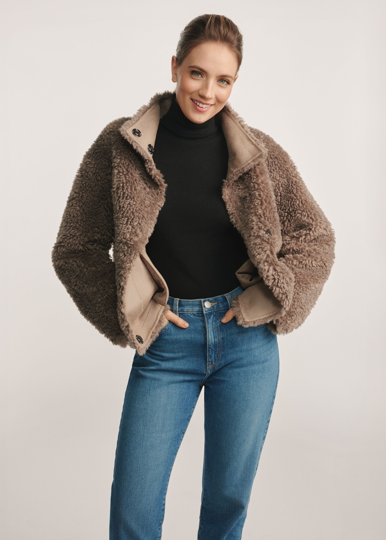 Women's gray fur coat FUTDP-0021C-9B(Z26), front view of the unbuttoned product on the model. Half of the silhouette visible.