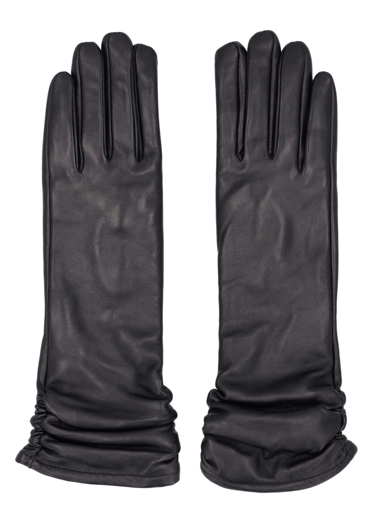 Women's black leather gloves with ruffles REKDS-0102-99(Z26), product view from above on white background.