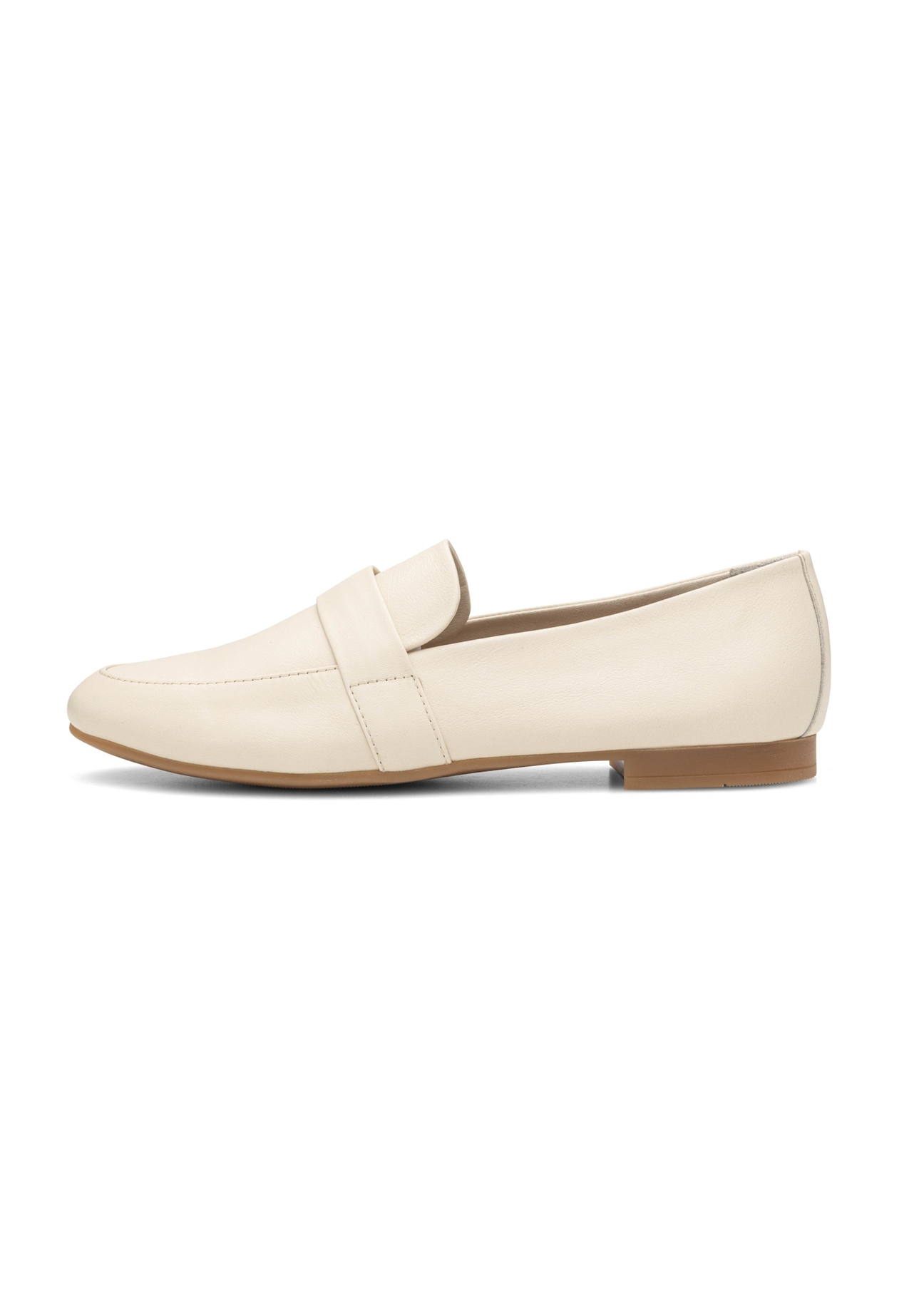 Women's leather cream moccasins BUTYD-1074A-0B(W26), side product view on white background.