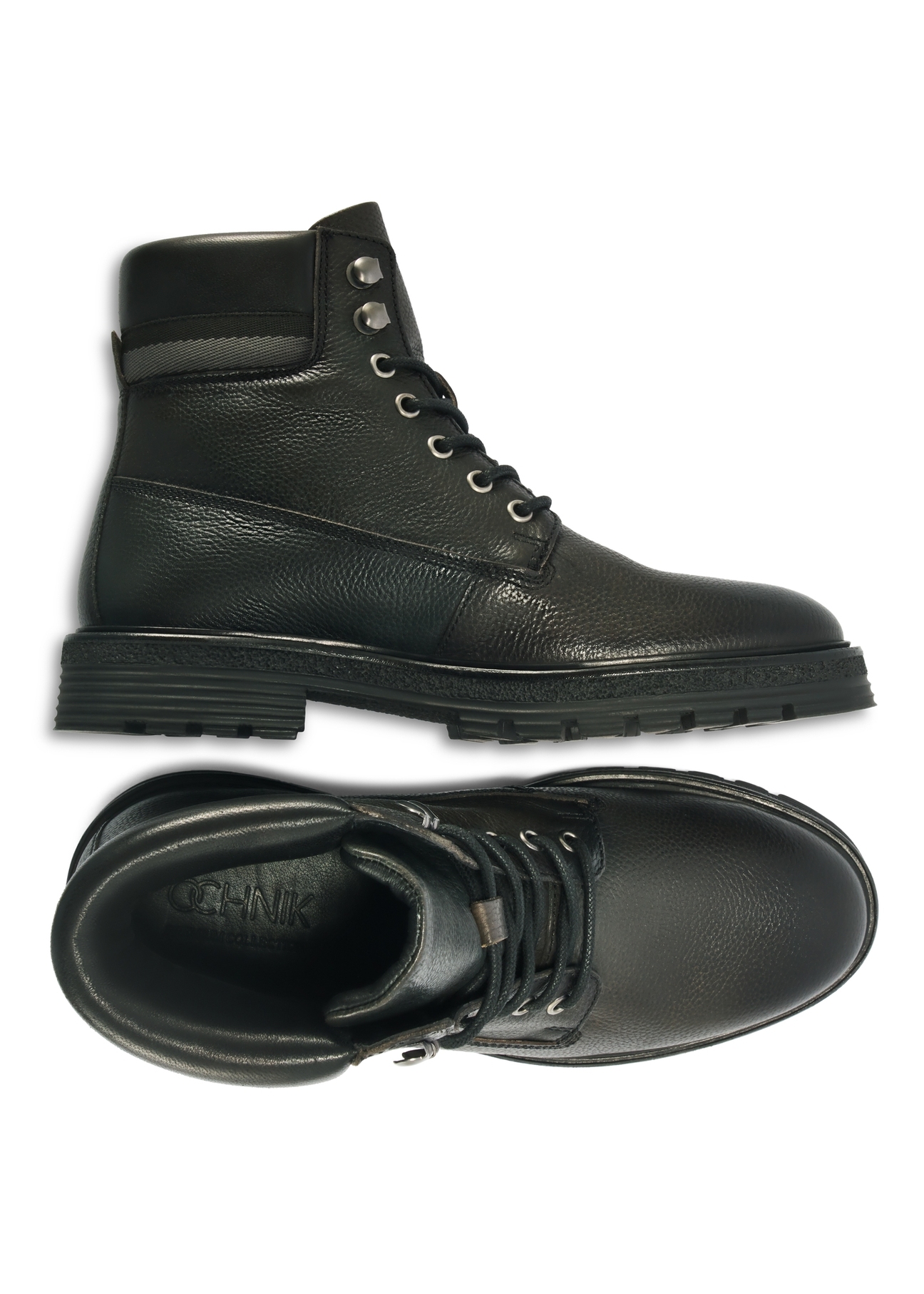 Black men's leather ankle boots BUTYM-0504-99(Z25), product view from the top and side on a white background.