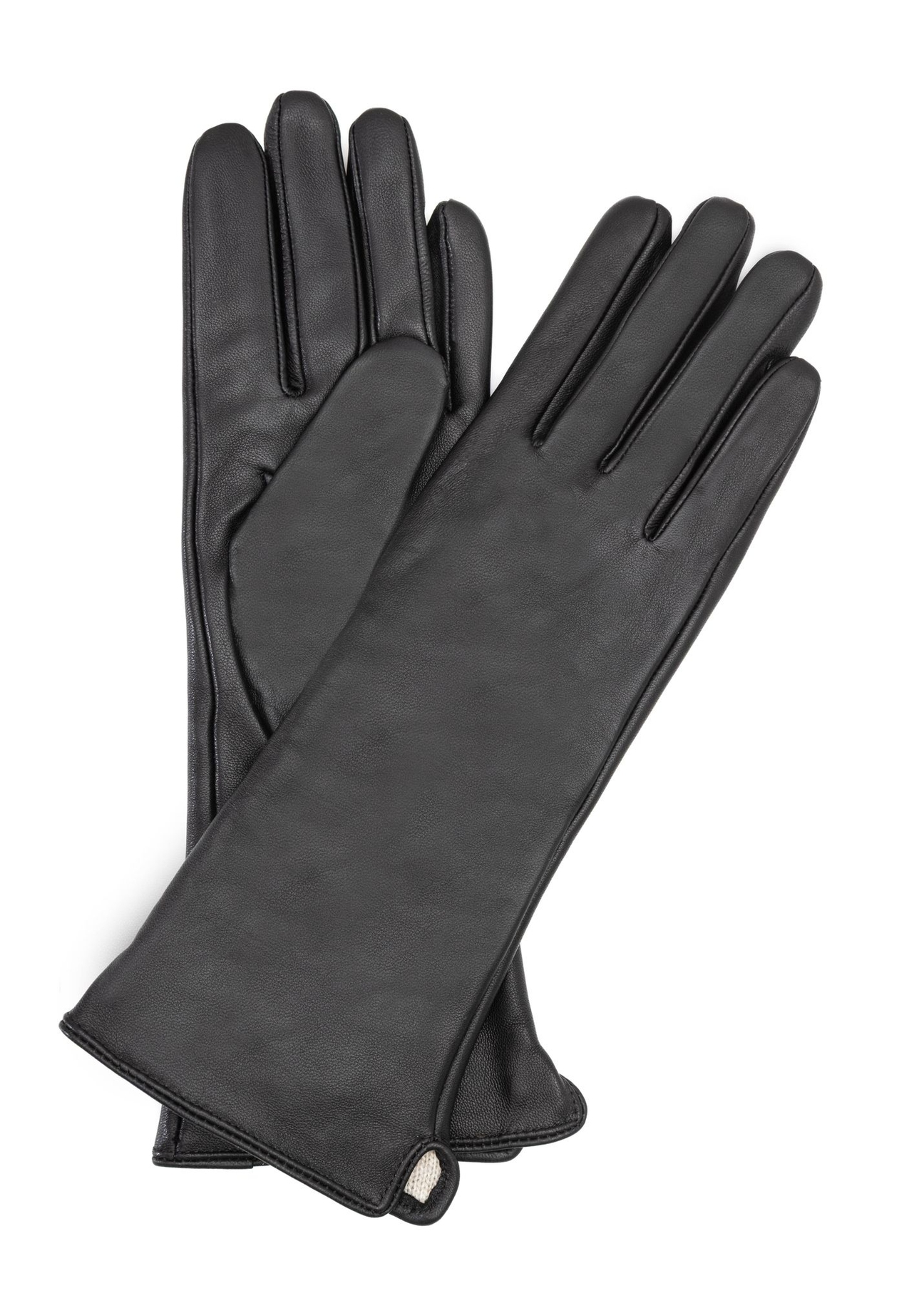 Long black leather women's gloves REKDS-0082A-99(Z26), product view from the front and back on a white background.